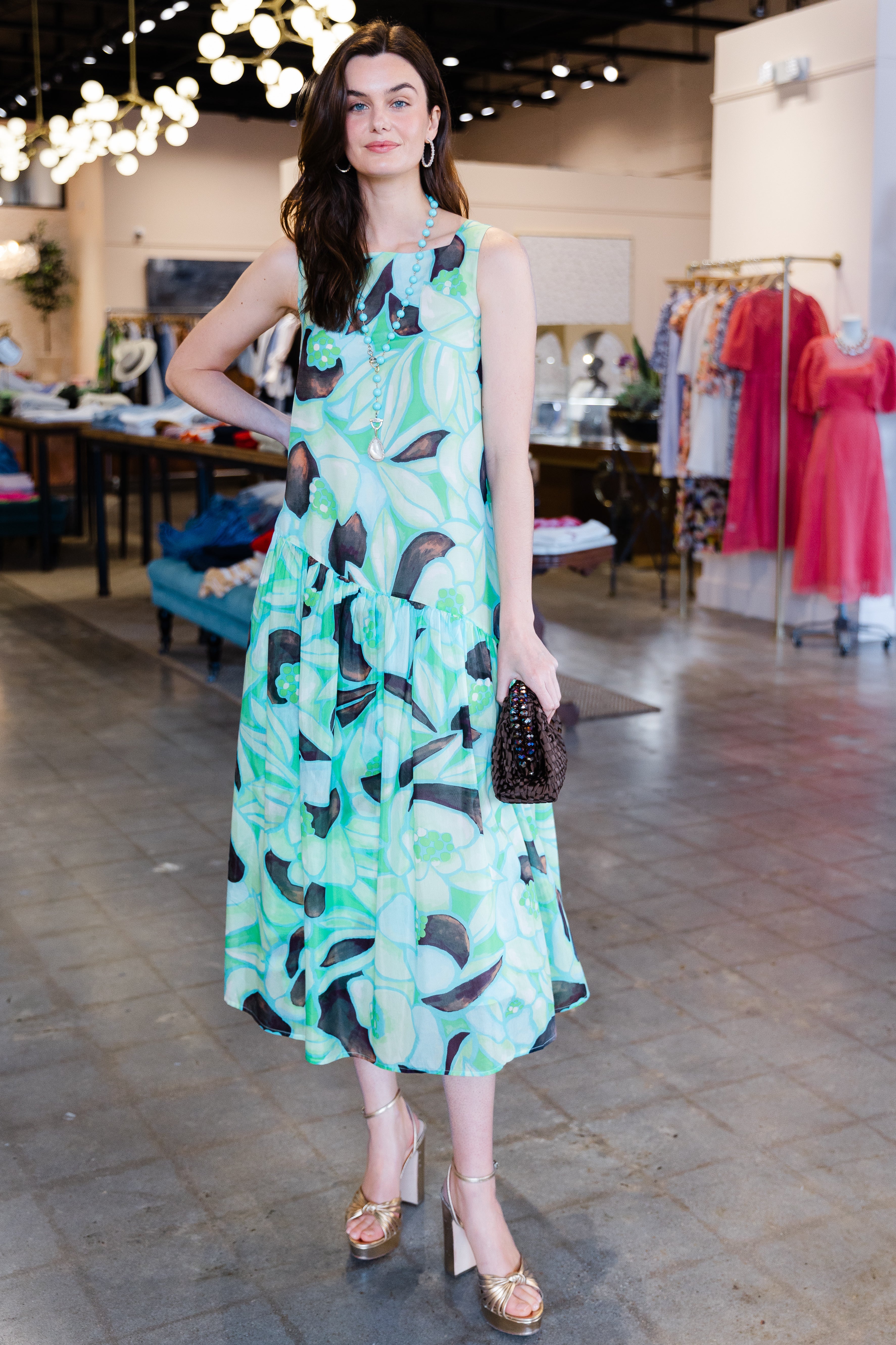 Print Midi Shift Dress - Mint