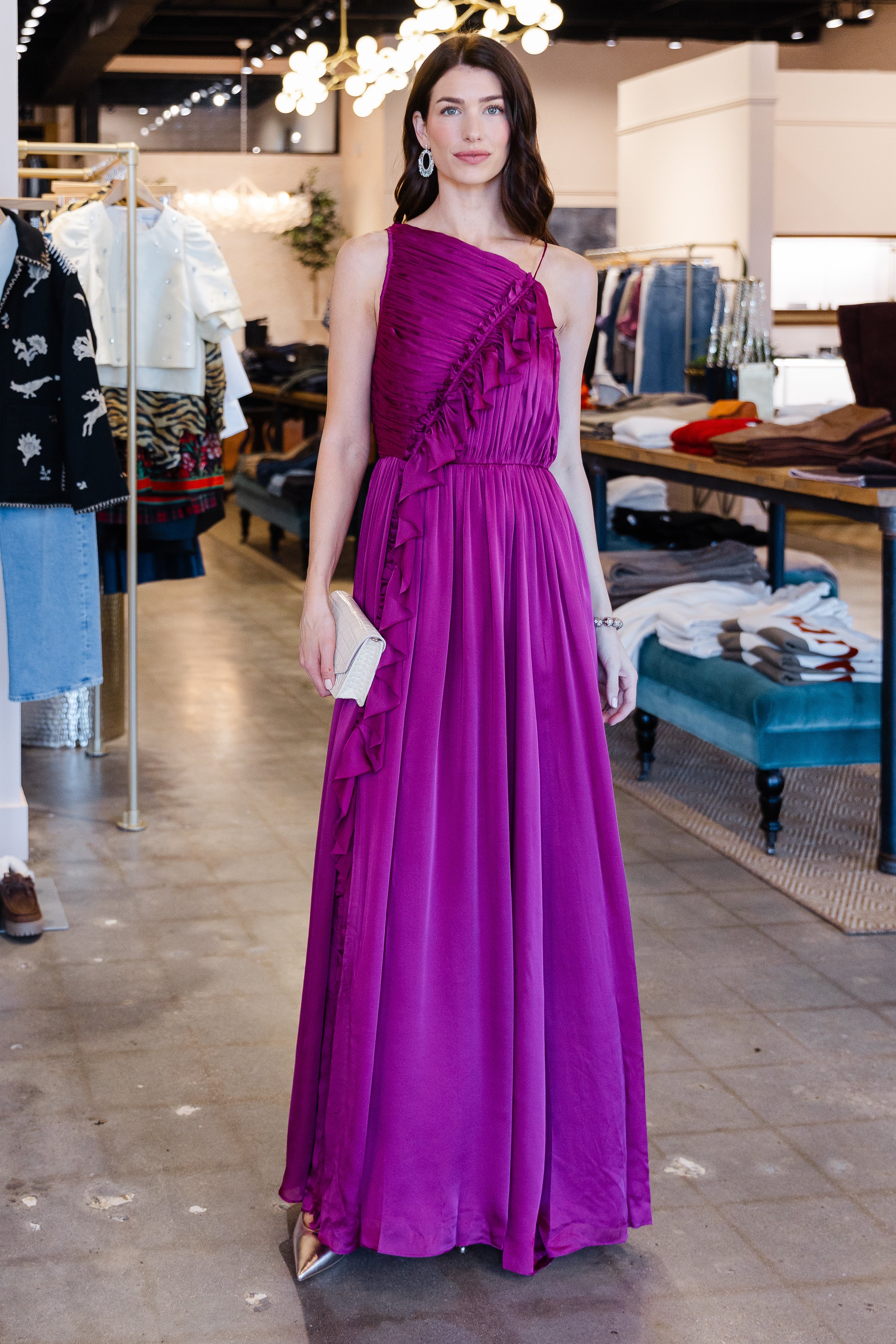 Aisha Pleated Asymmetrical Gown - Mulberry