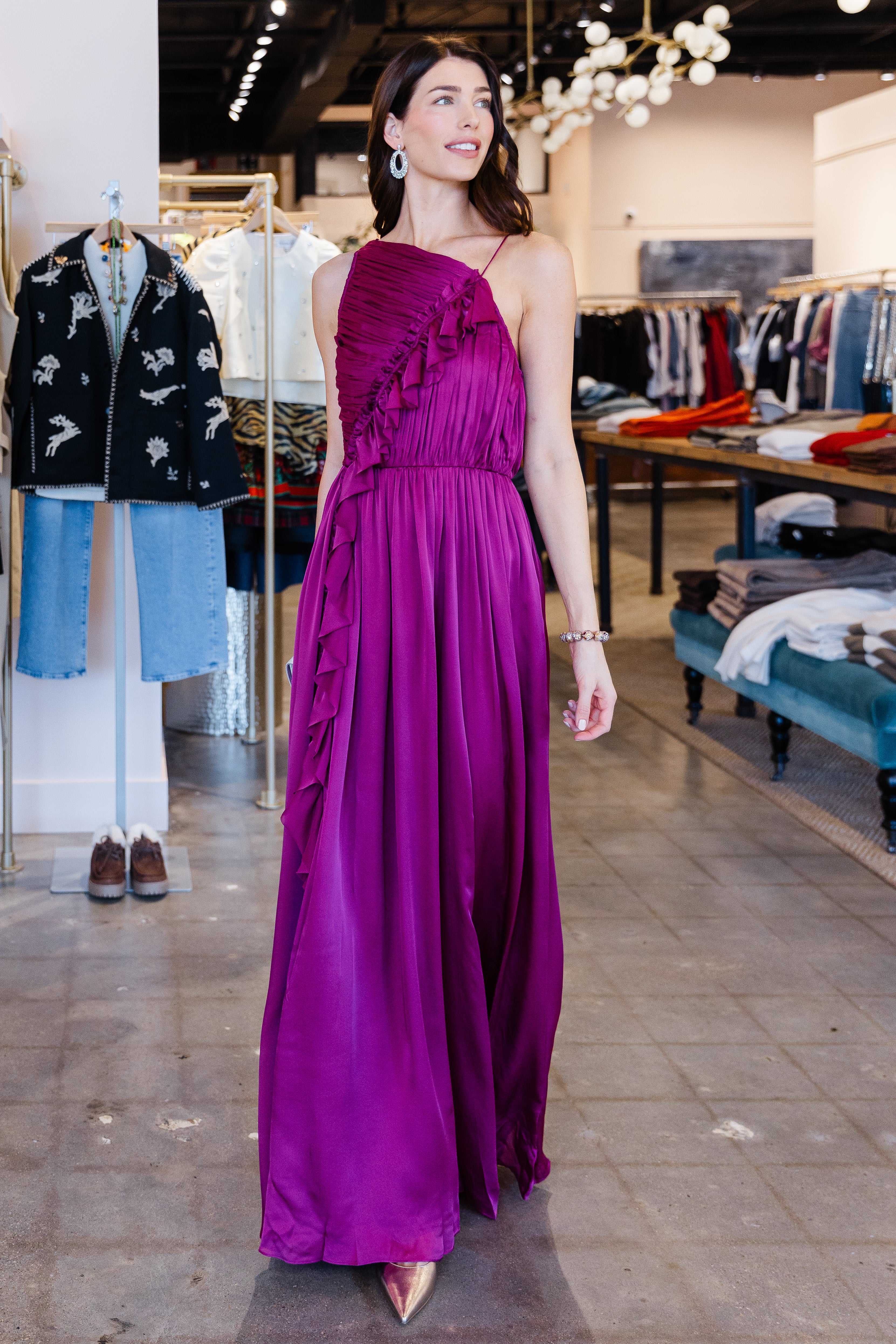 Aisha Pleated Asymmetrical Gown - Mulberry