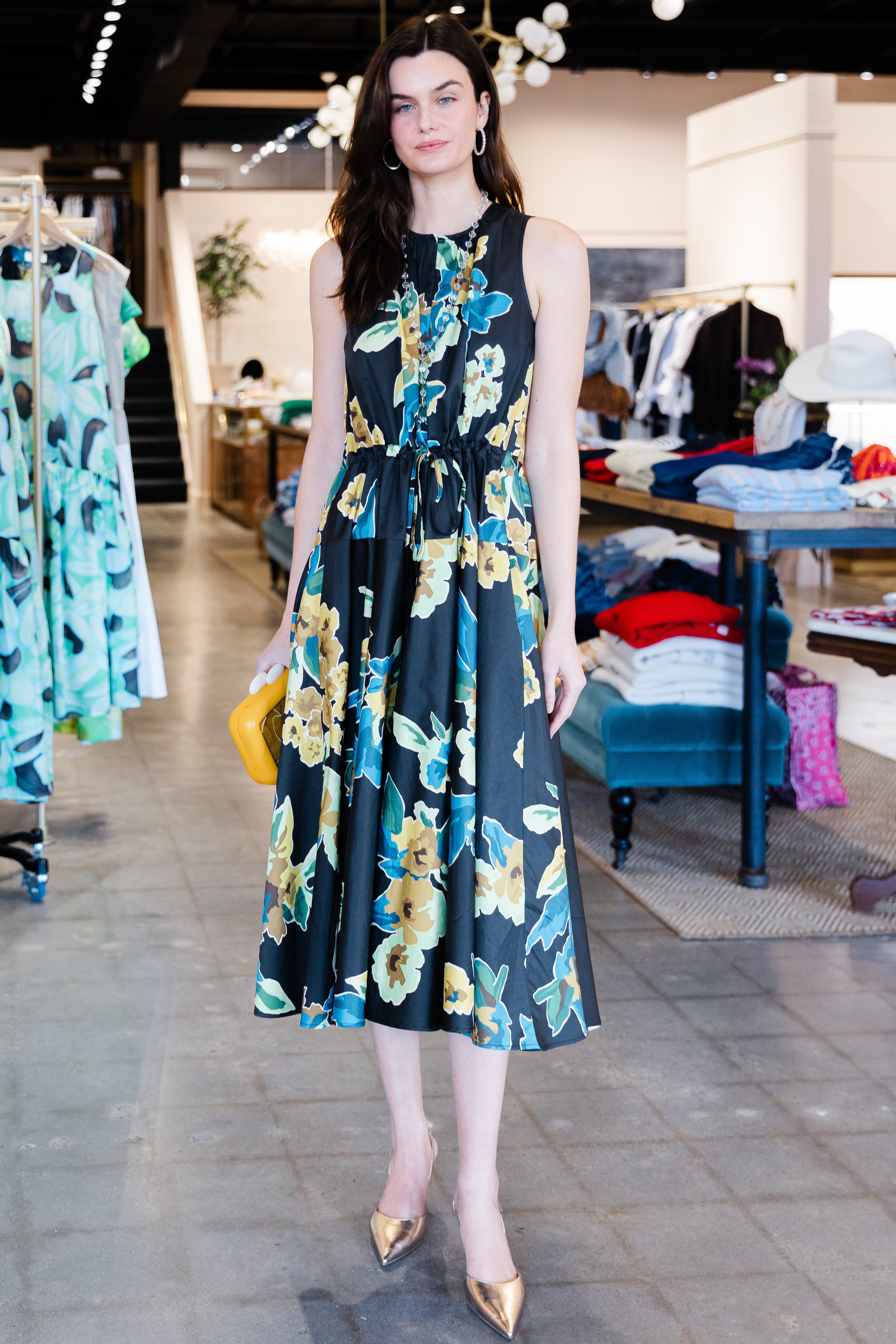 Sleeveless Floral Print Midi Dress - Black