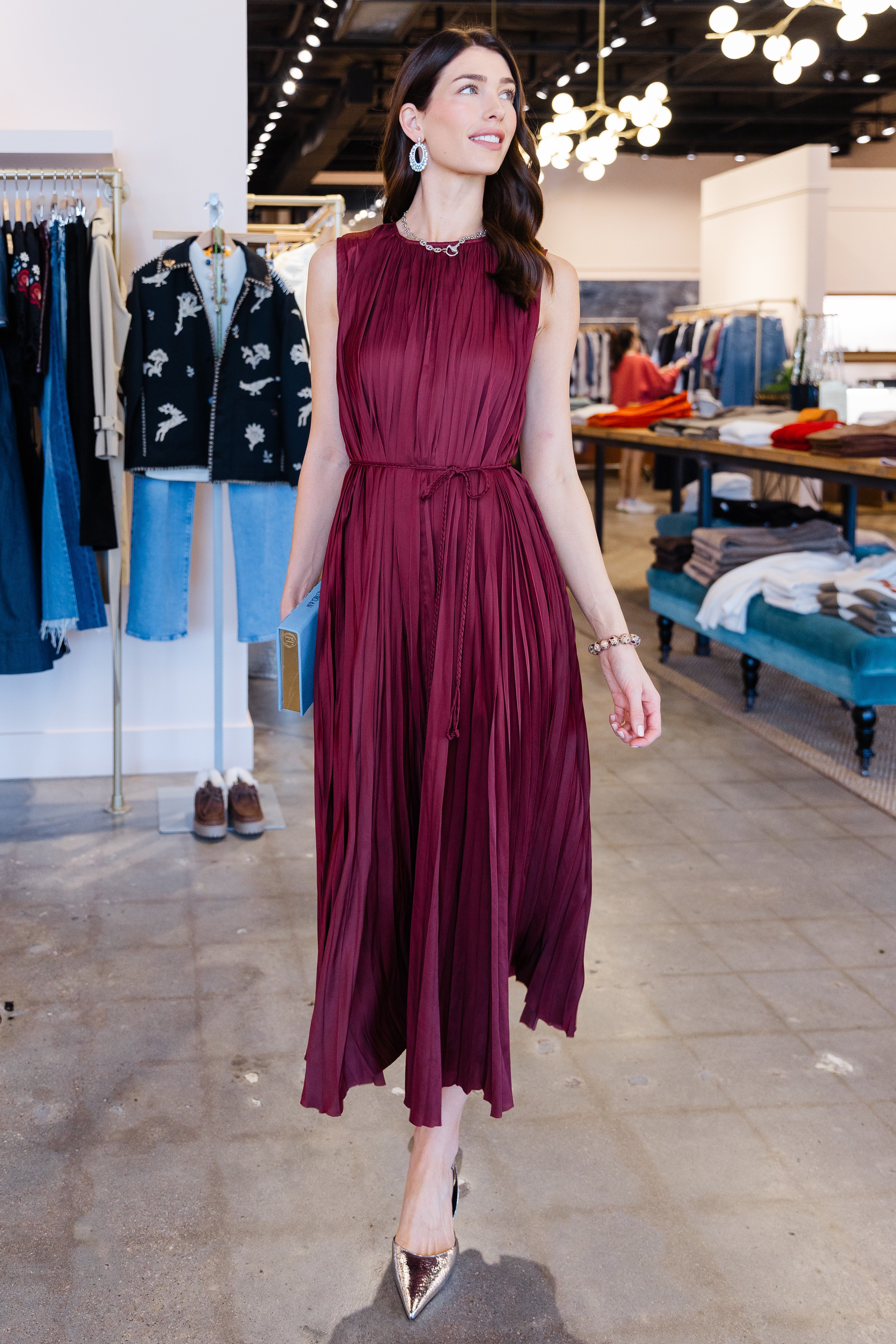 Fianna Pleated SL Midi Dress - Claret