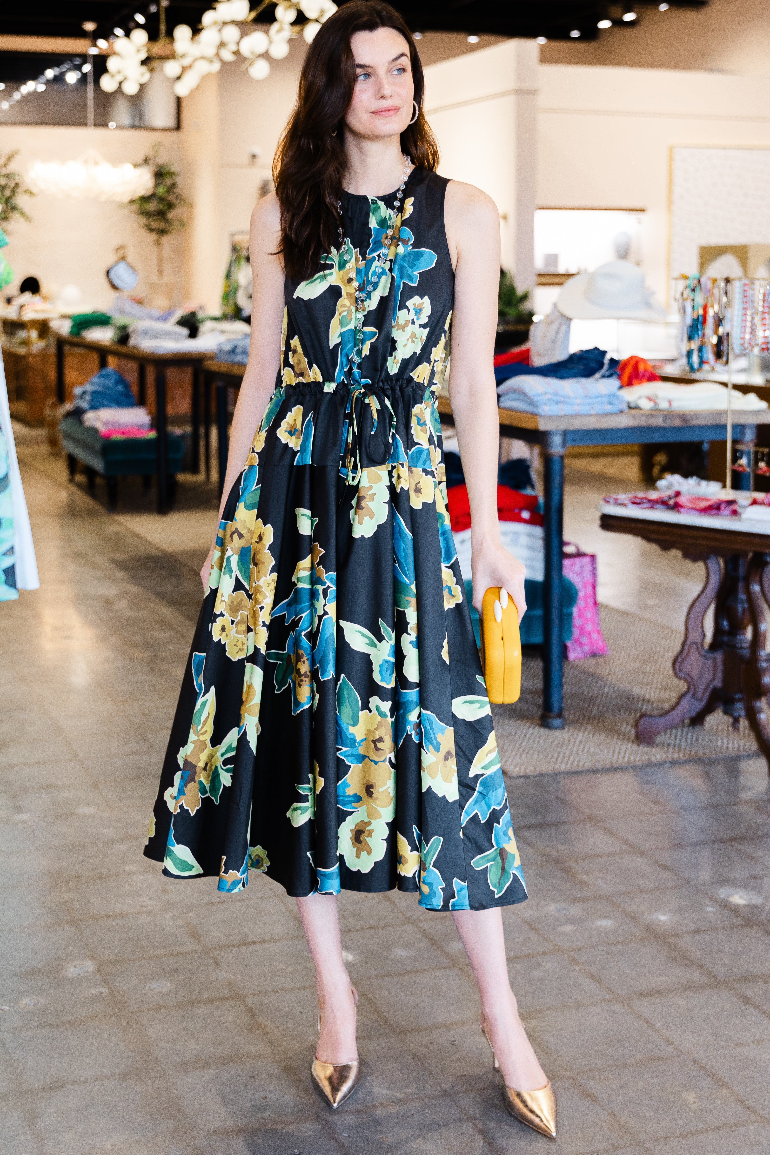 Sleeveless Floral Print Midi Dress - Black