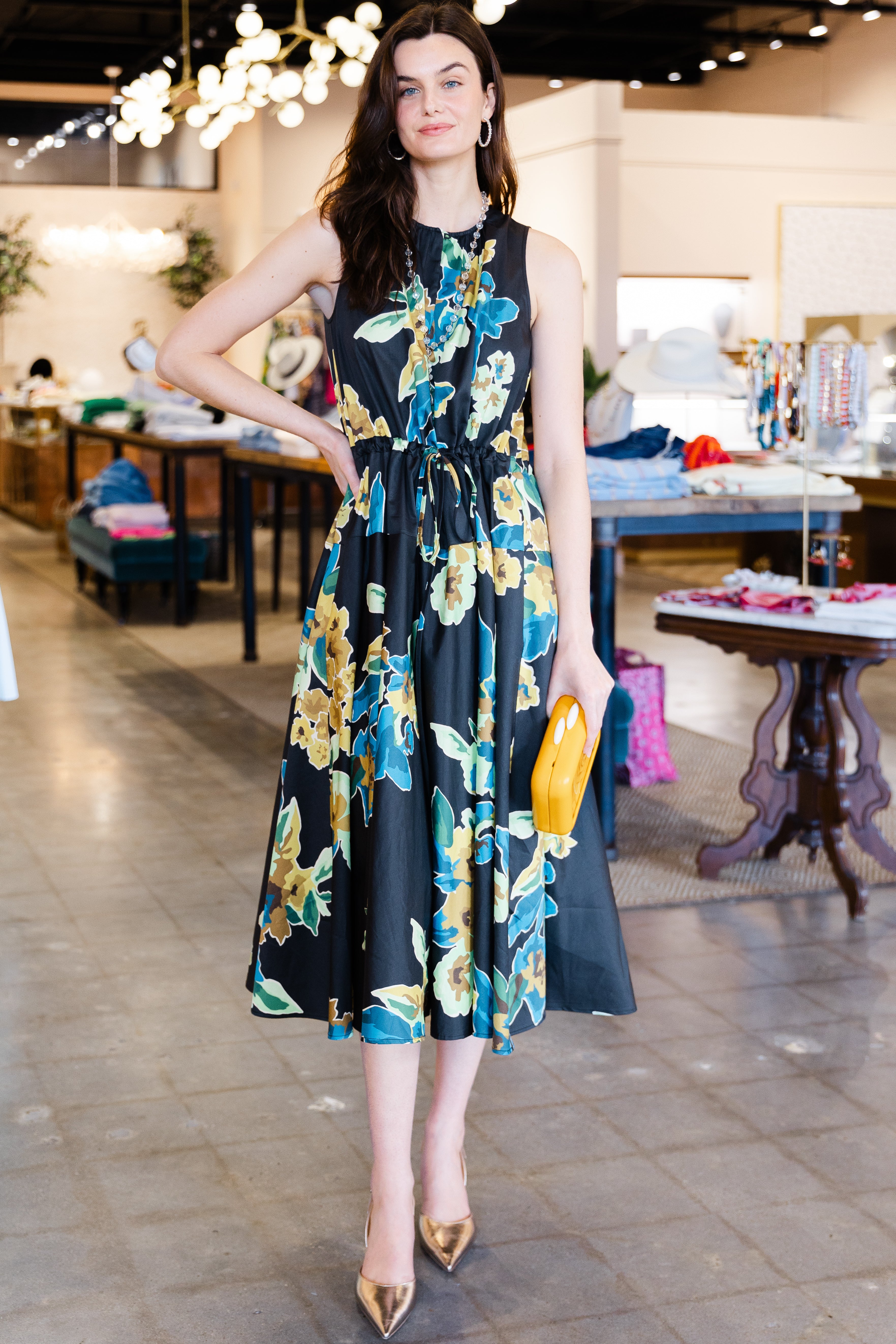 Sleeveless Floral Print Midi Dress - Black