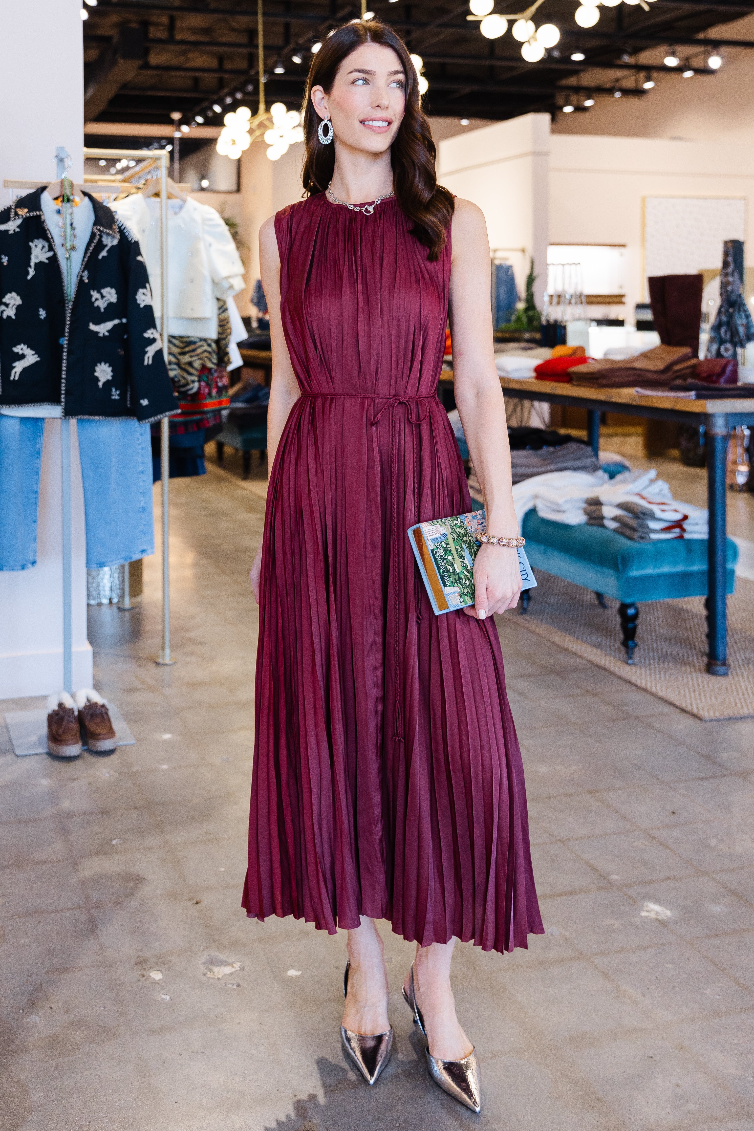 Fianna Pleated SL Midi Dress - Claret