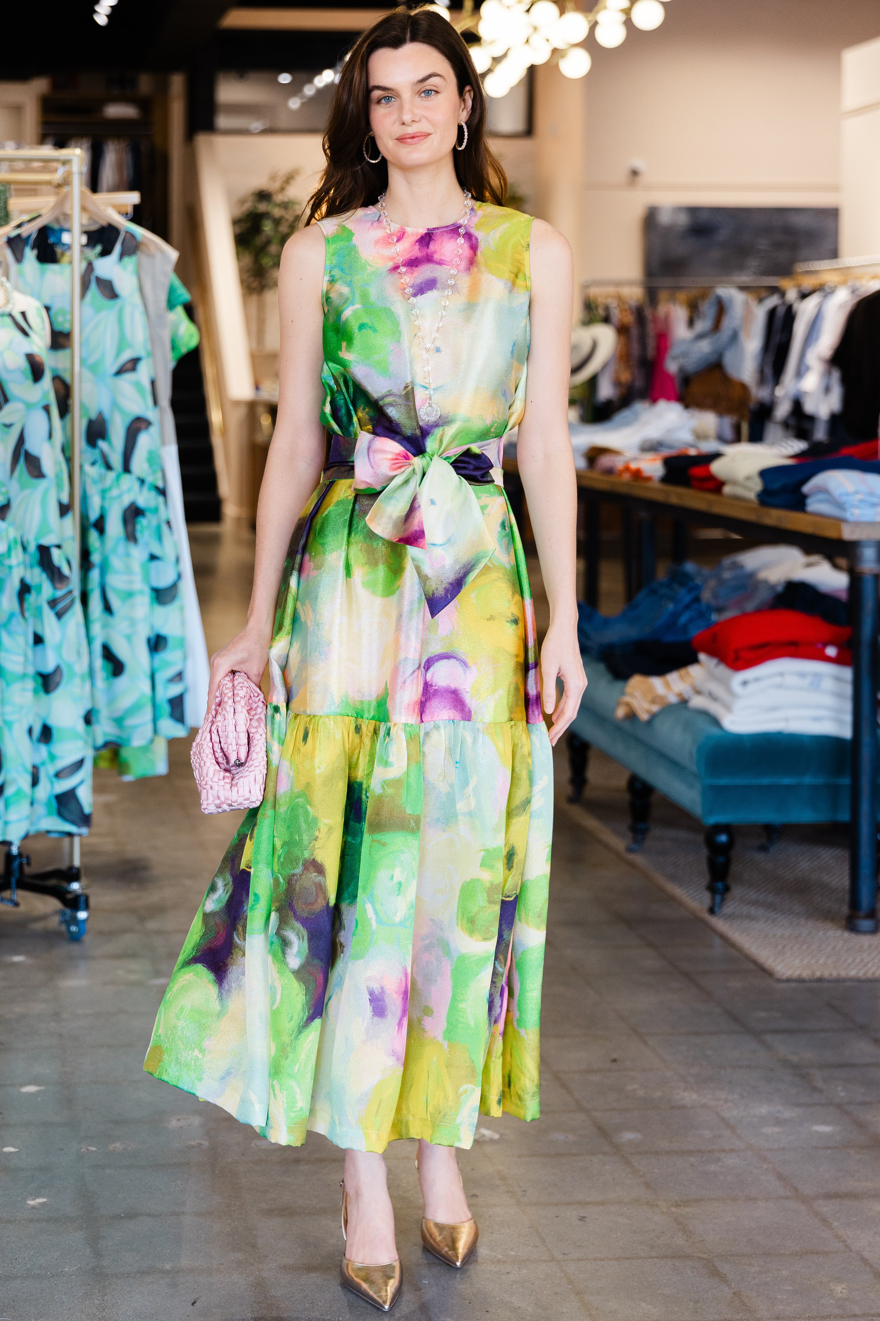 Watercolor Print Midi Shift Dress - Green