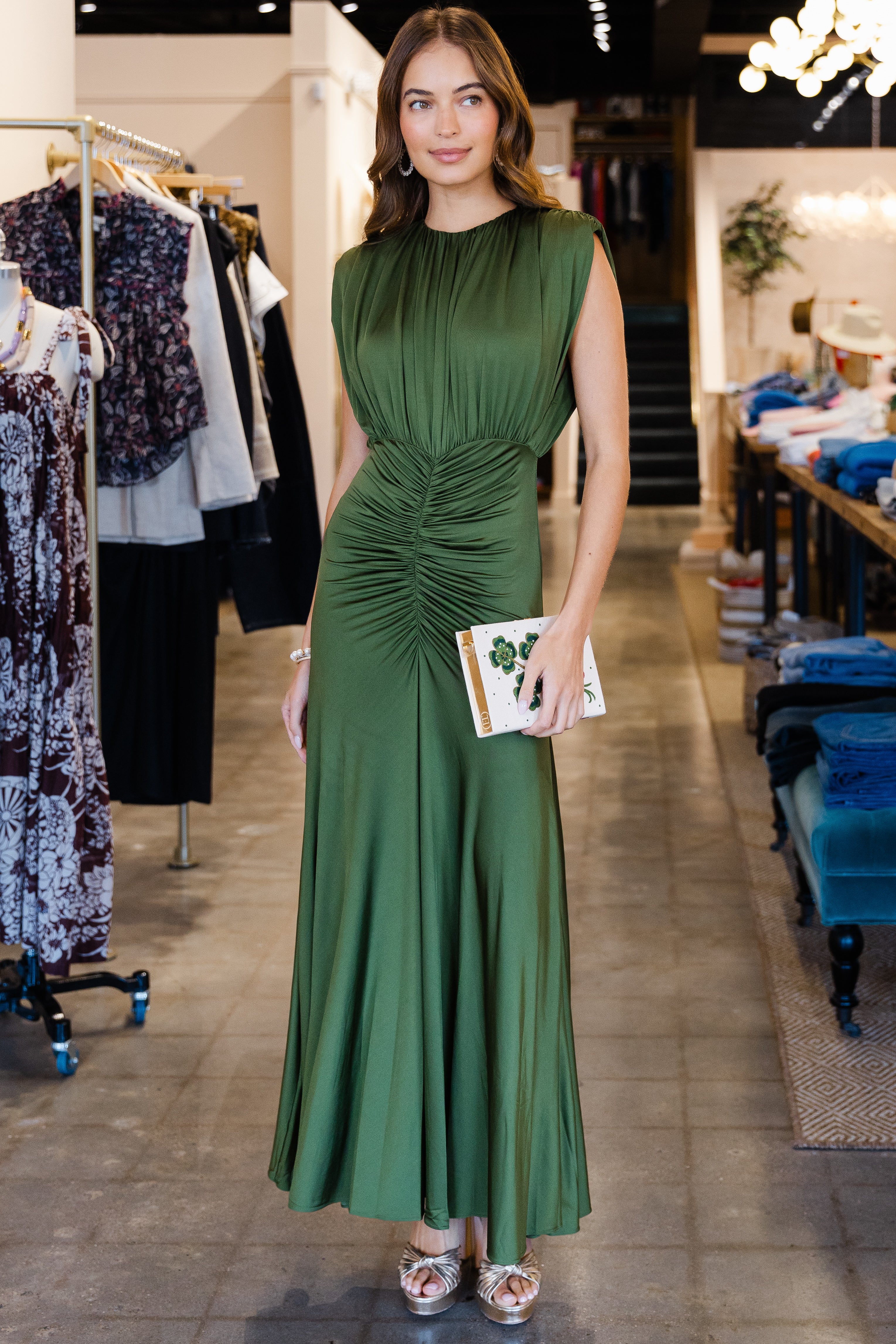 Olive Jersey Gathered Maxi Dress - Green