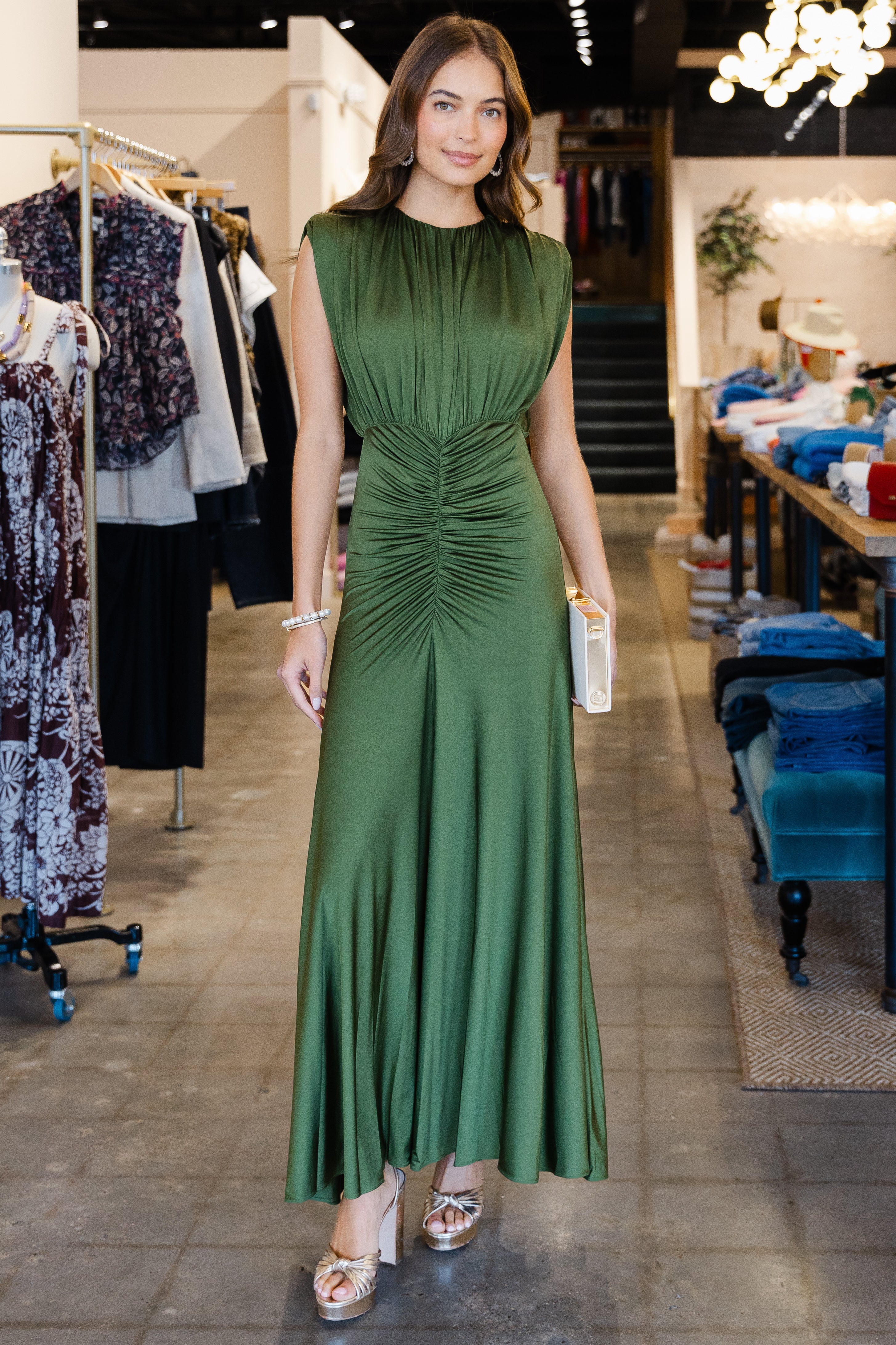 Olive Jersey Gathered Maxi Dress - Green