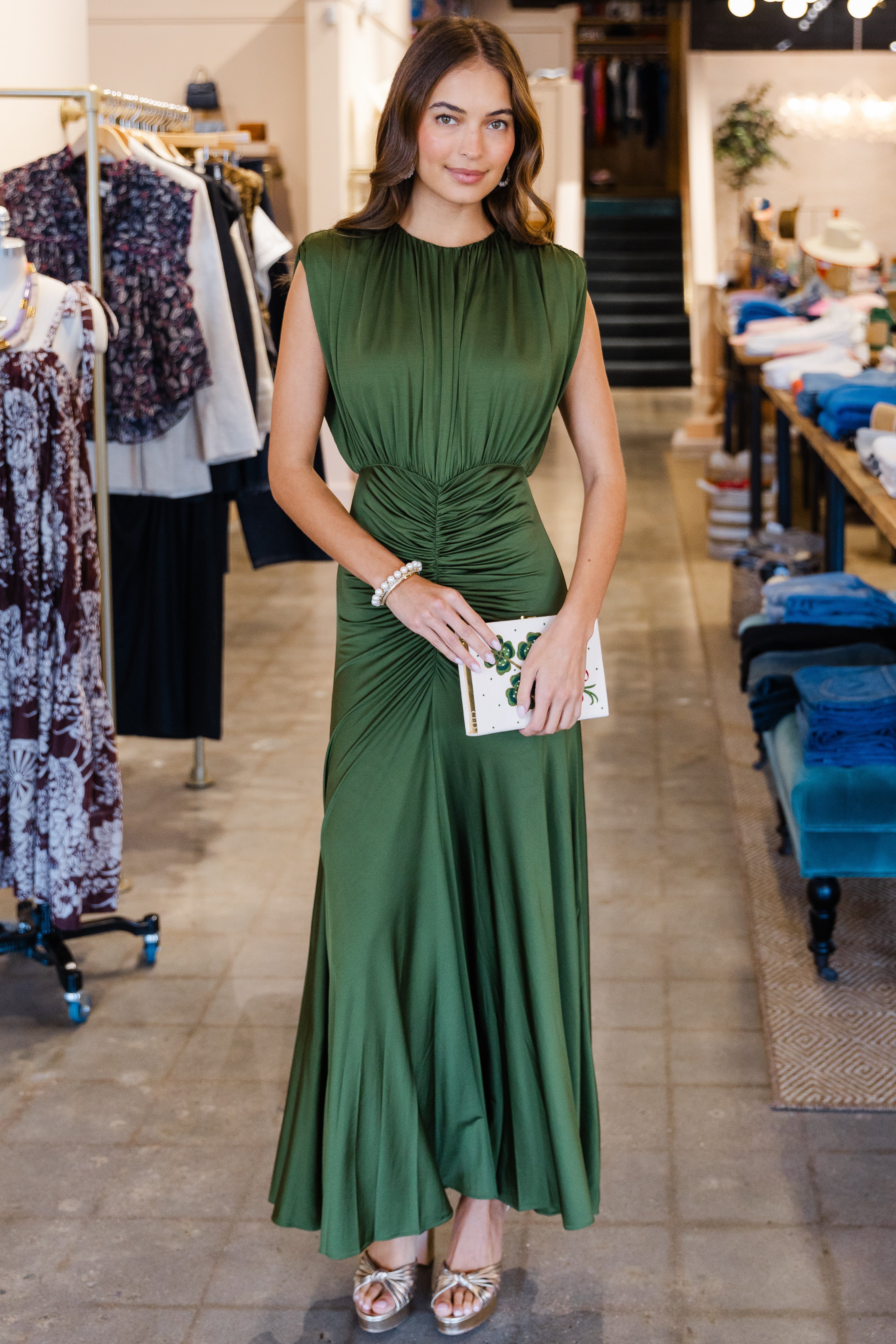 Olive Jersey Gathered Maxi Dress - Green
