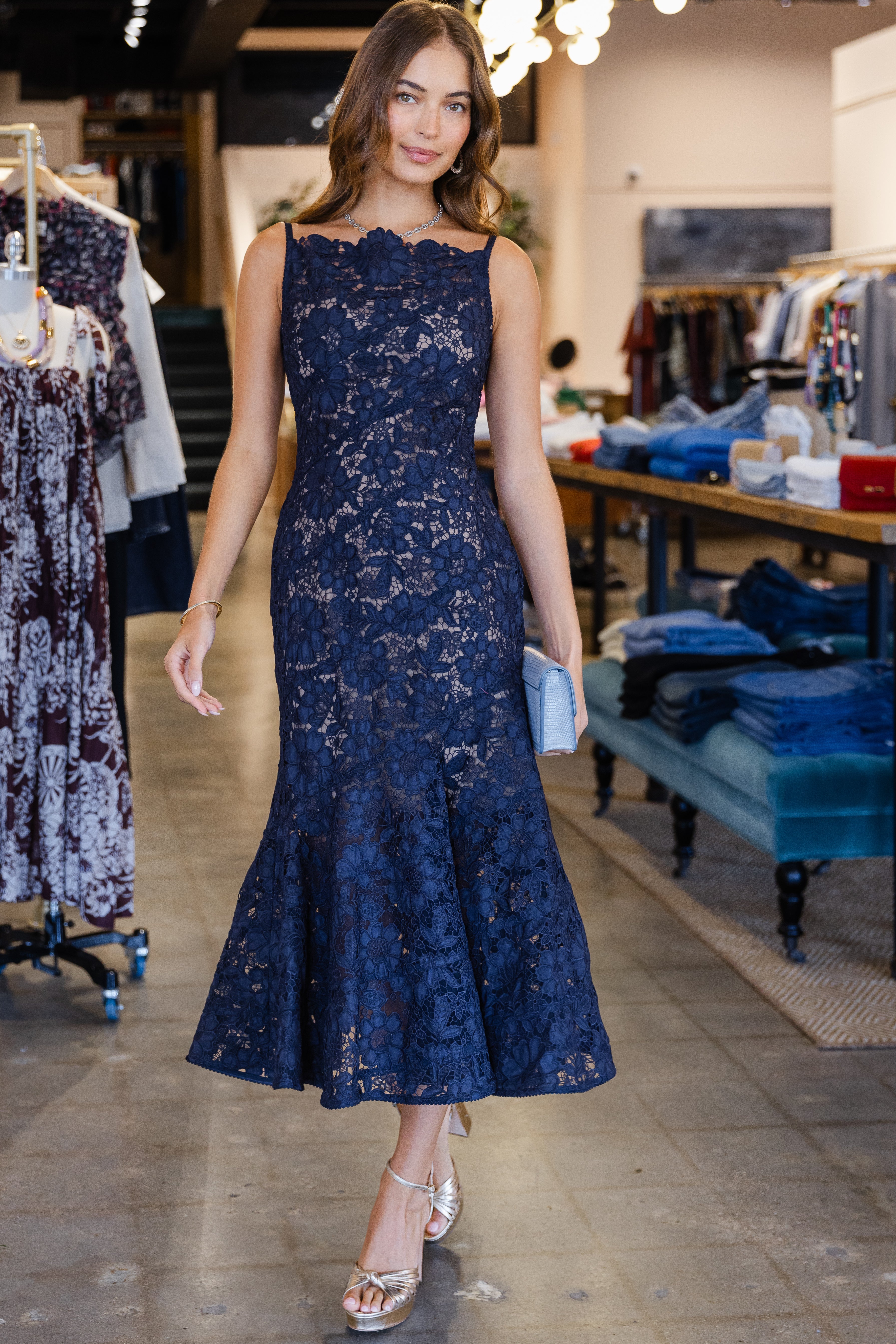Navy Spiral Lace Midi Dress - Navy