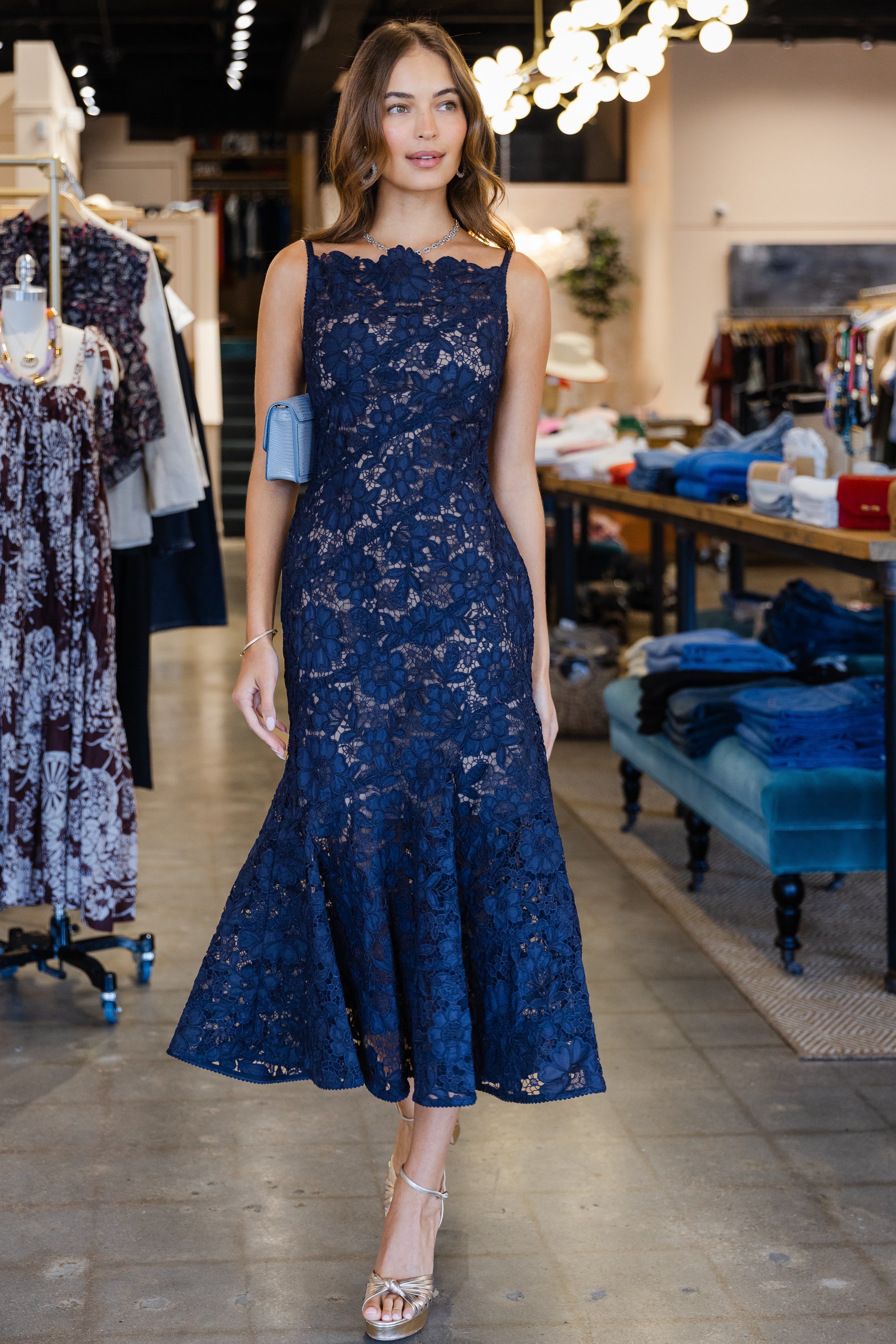 Navy Spiral Lace Midi Dress - Navy