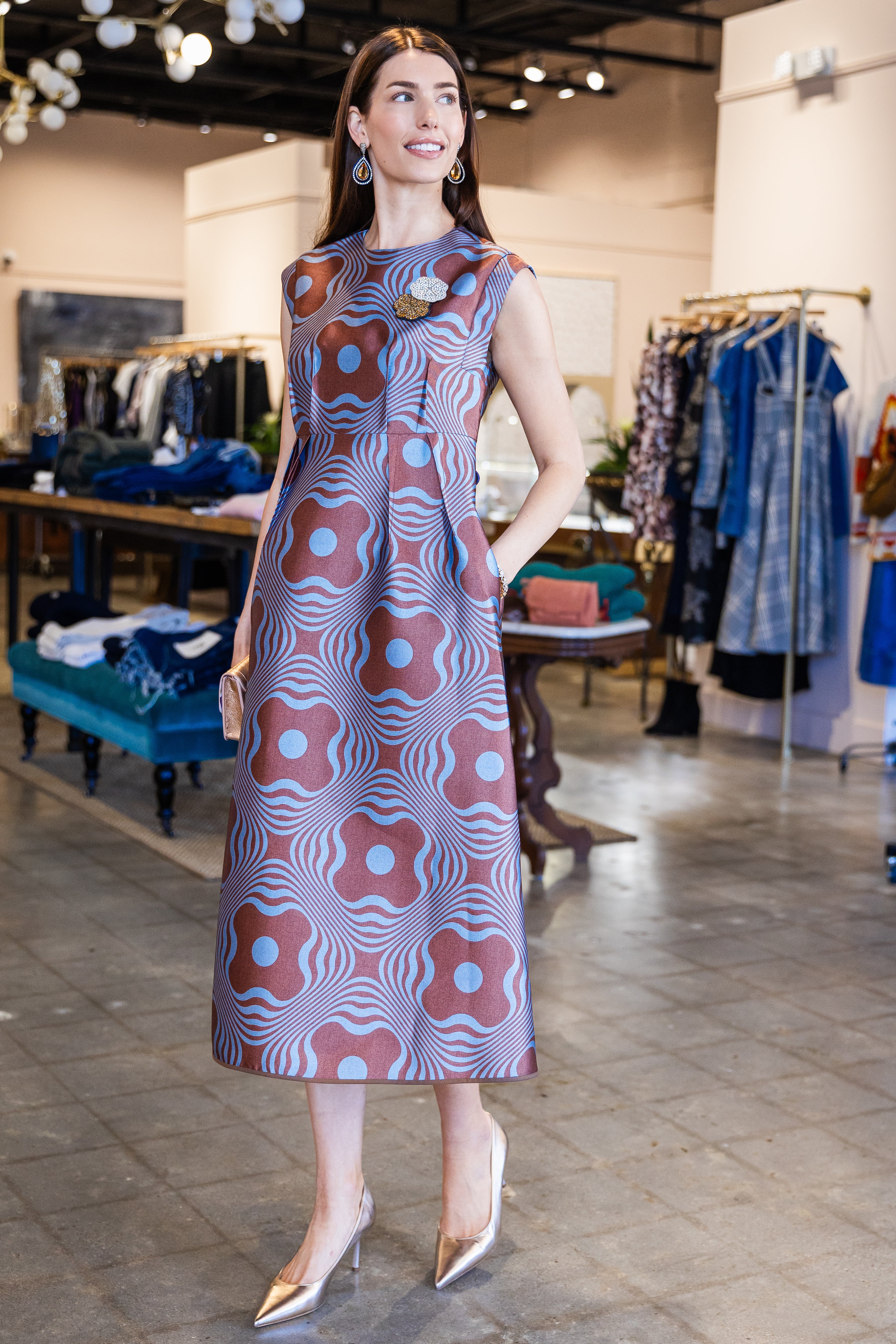 Print Bell Midi Dress - Nordic Blue