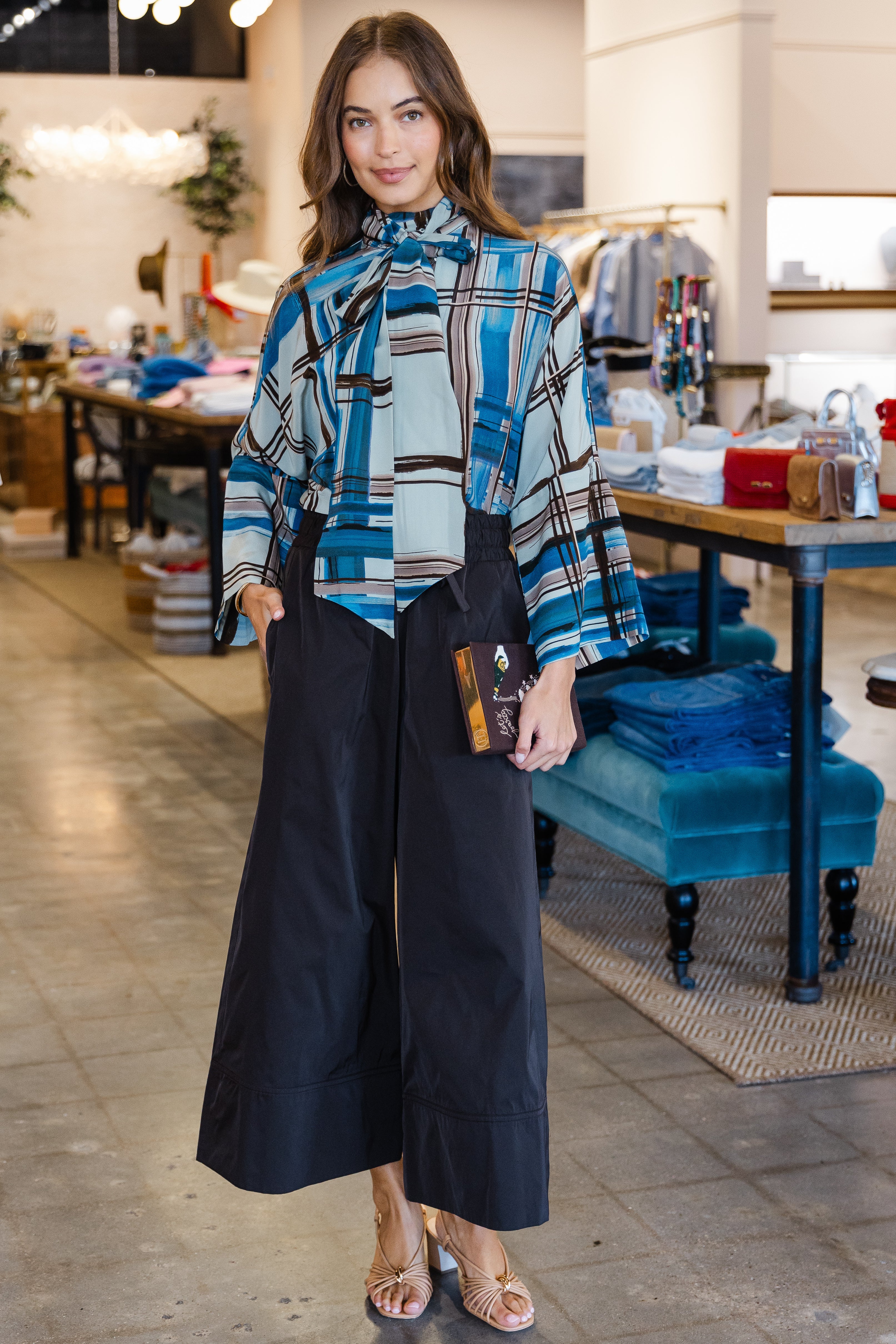 Printed Madras Crespo Top - Cobalt