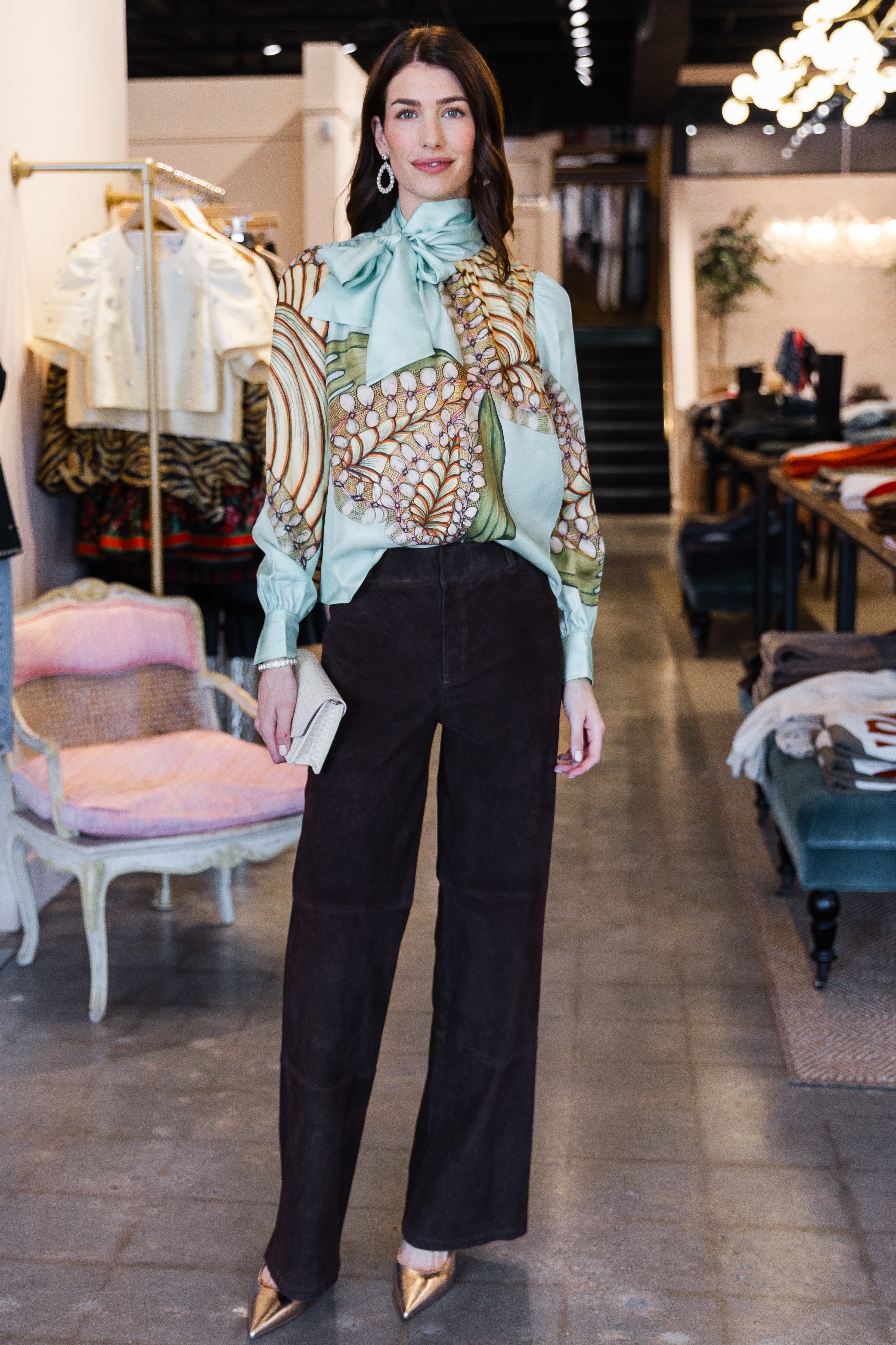 Ornament Tie Neck Blouse - Water Blossoms