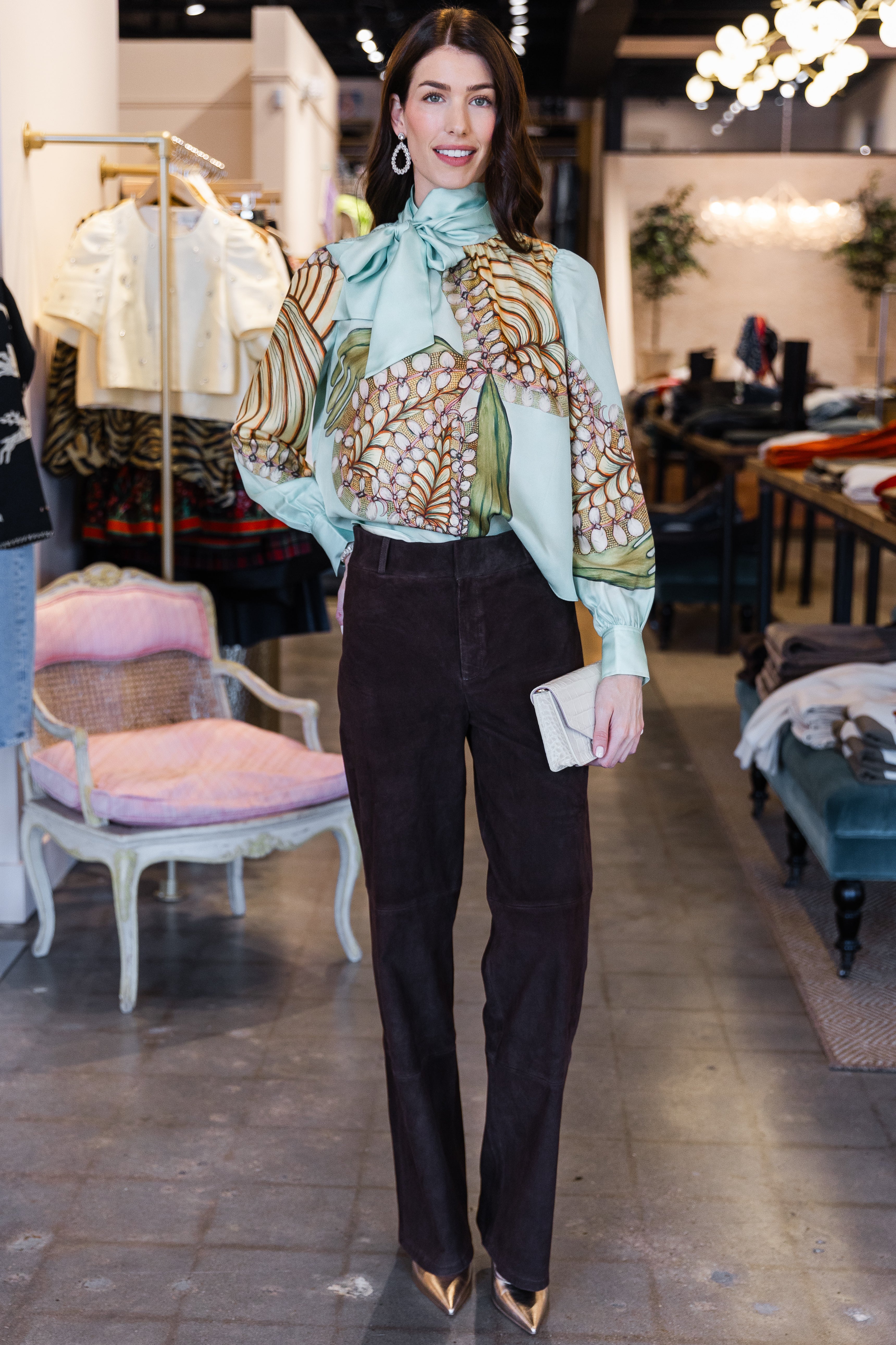 Ornament Tie Neck Blouse - Water Blossoms