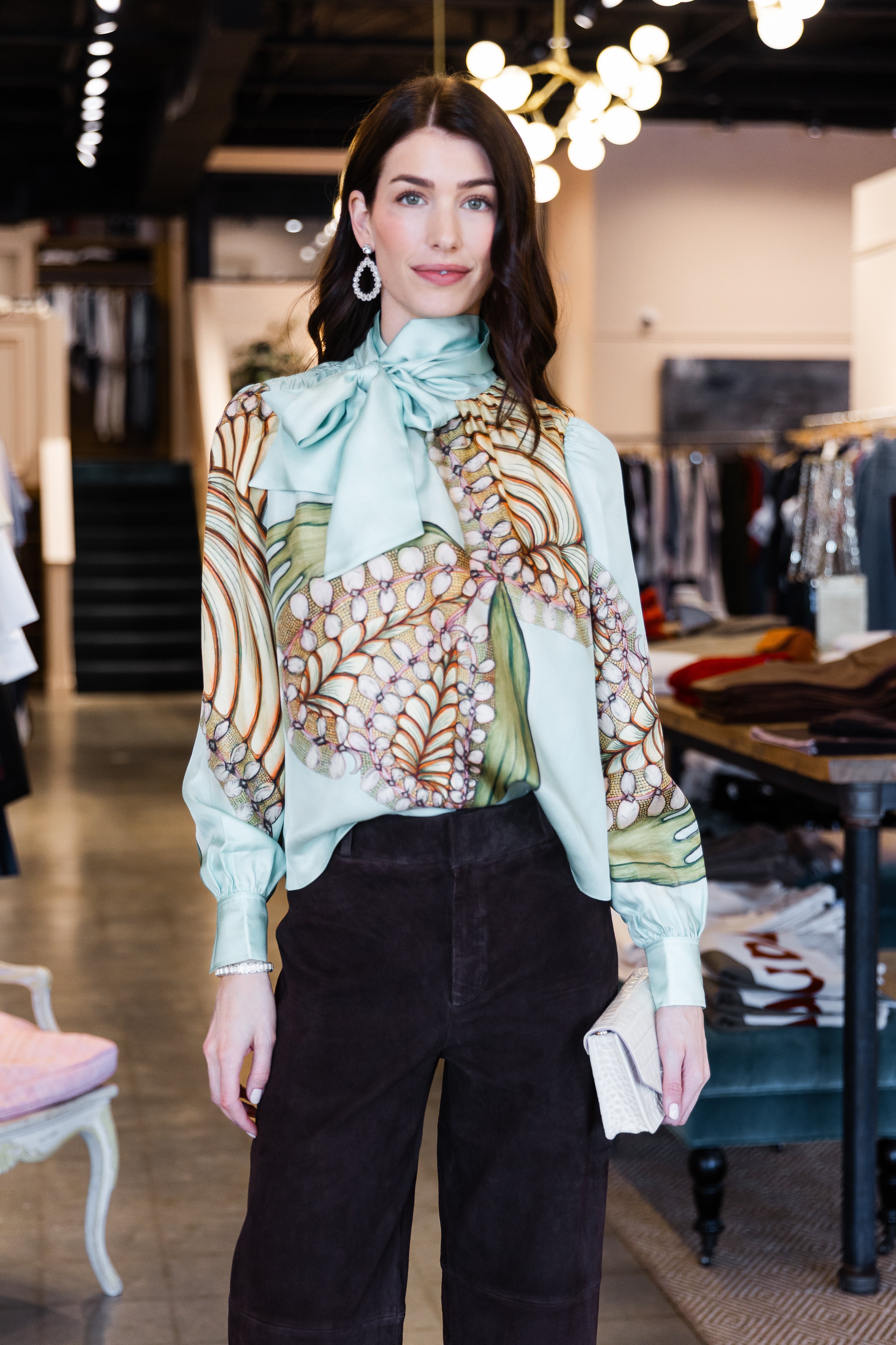 Ornament Tie Neck Blouse - Water Blossoms