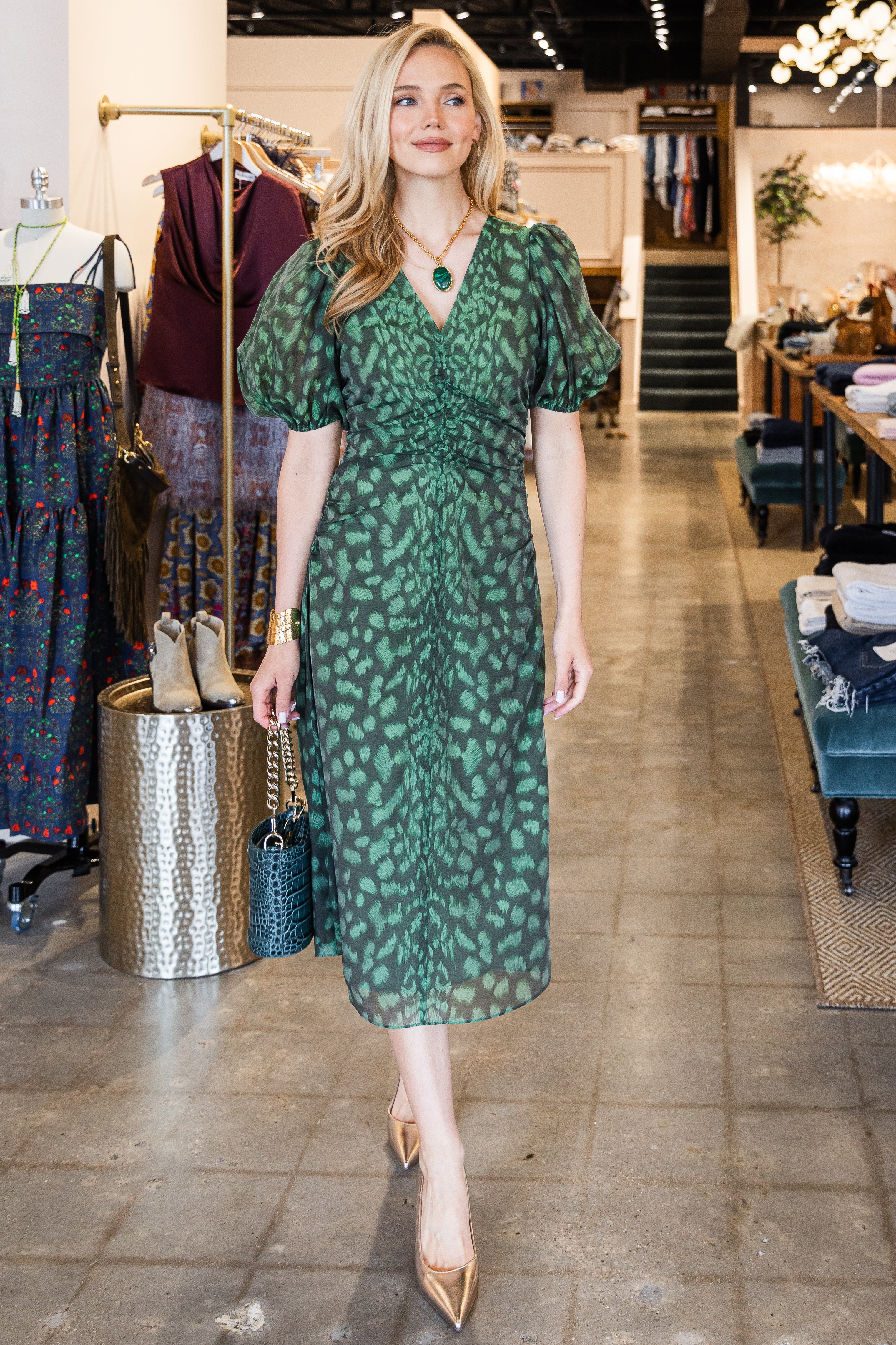 Claude Print Puff Sleeve Dress - Green