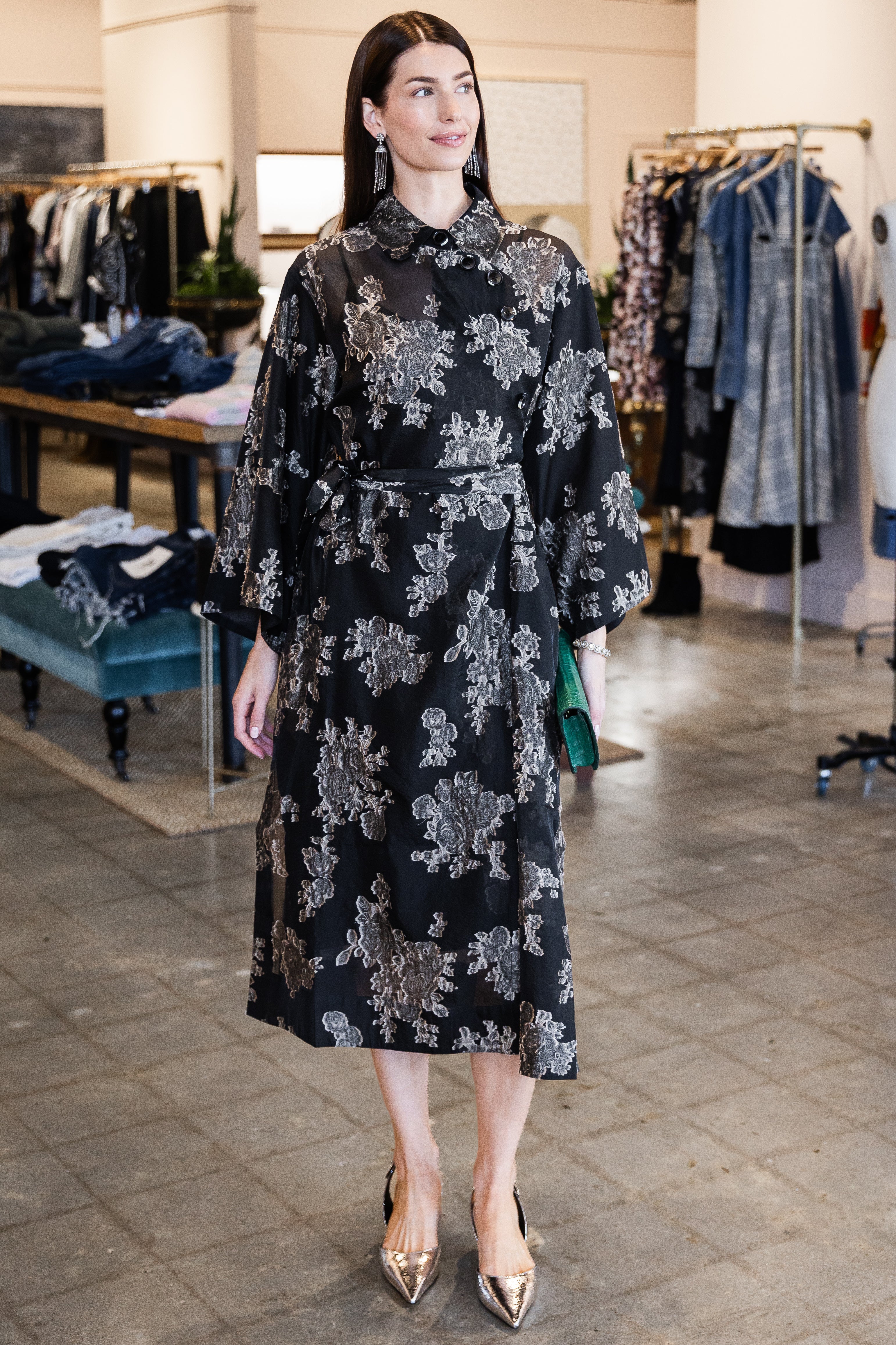 Printed Long Kimono - Black