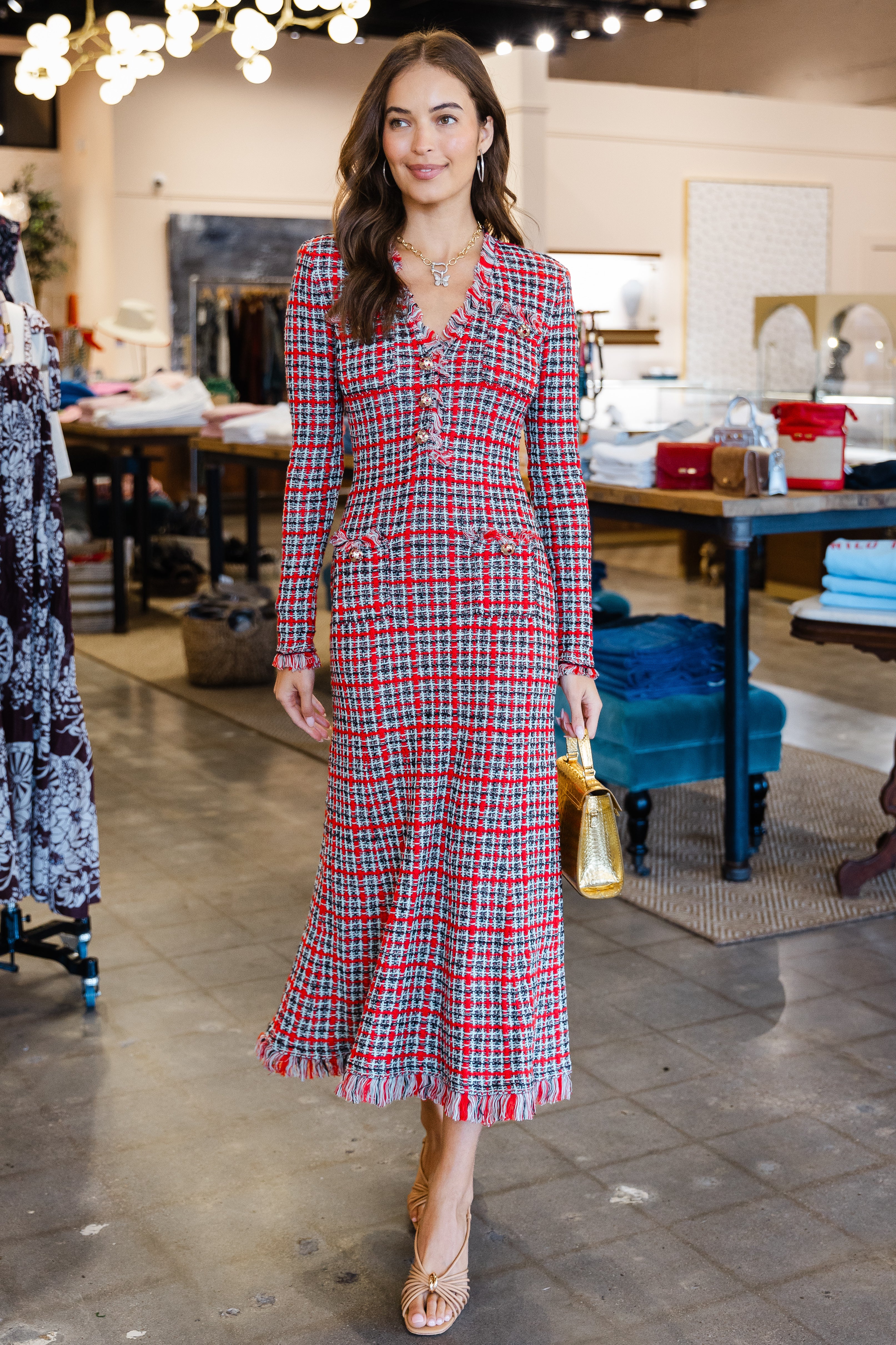 Red Check Frayed Knit Midi Dress - Red
