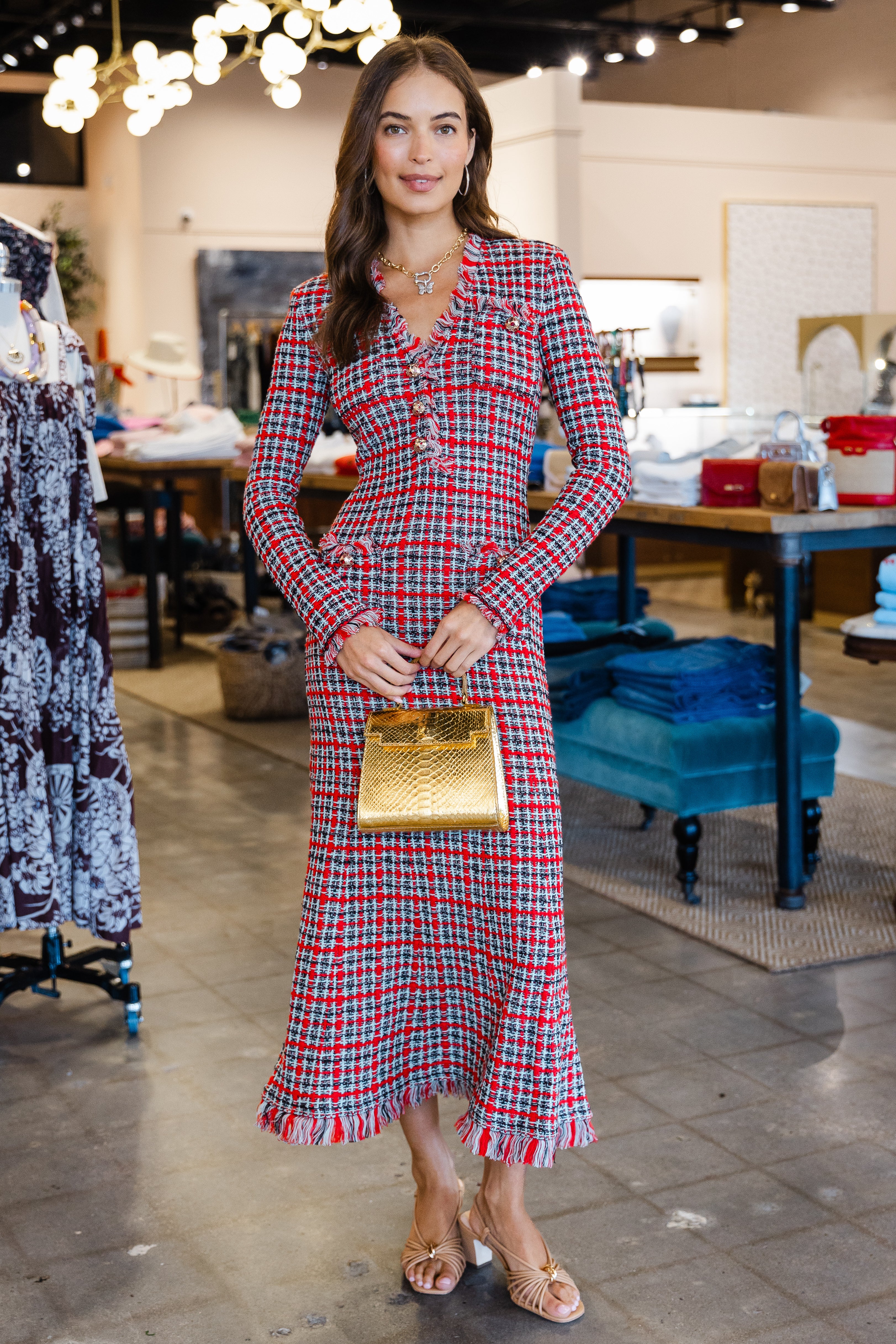 Red Check Frayed Knit Midi Dress - Red