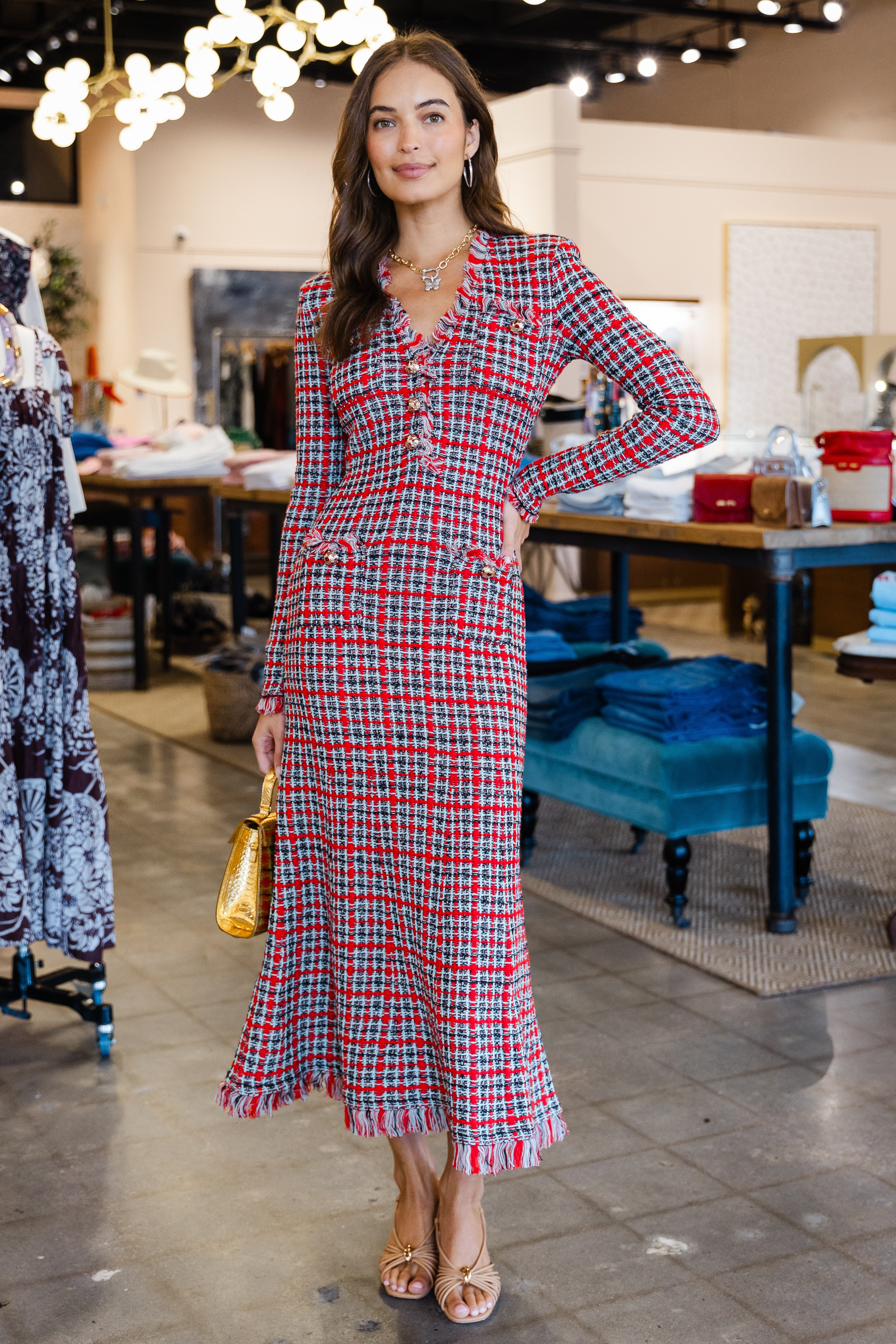 Red Check Frayed Knit Midi Dress - Red