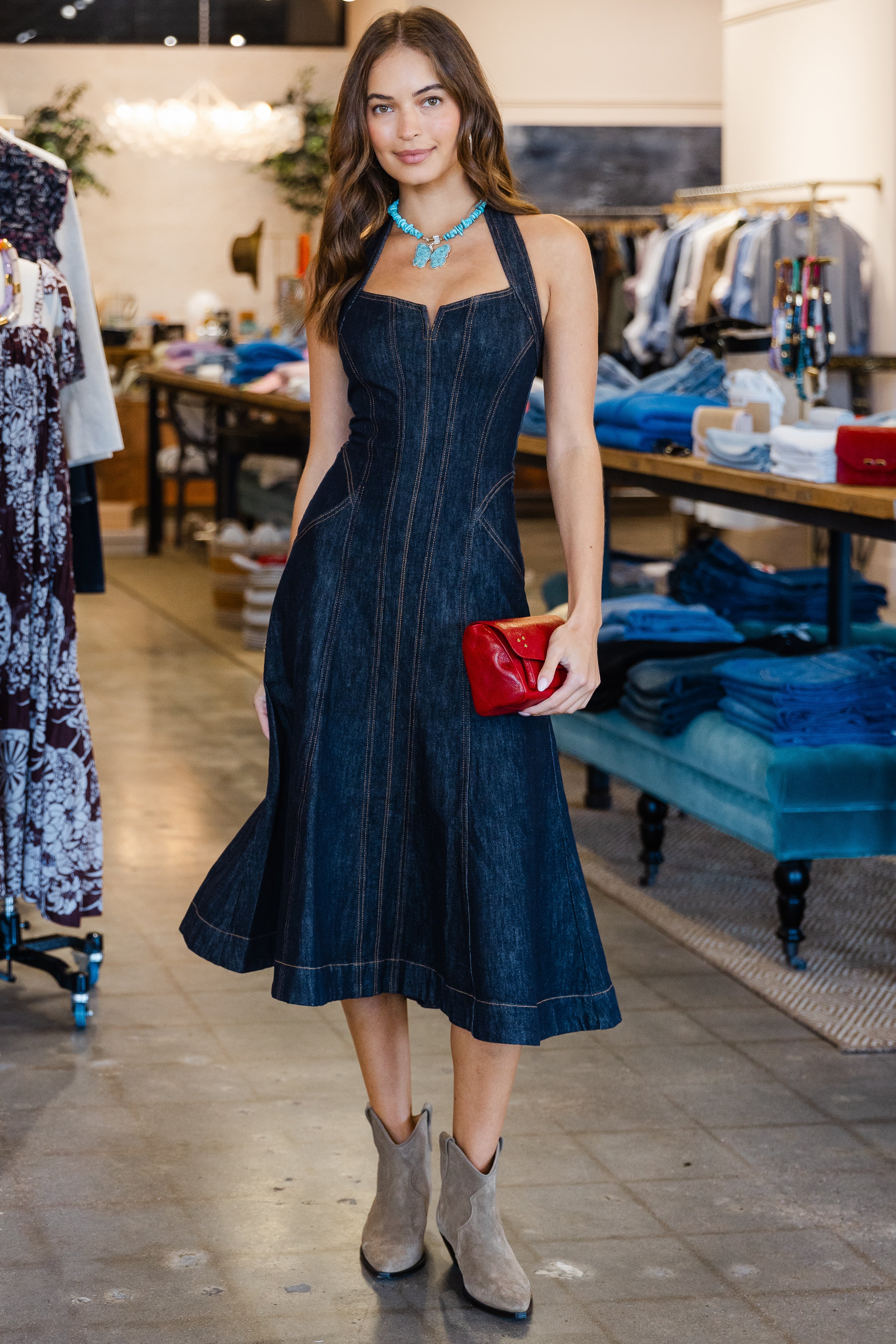 Indigo Denim Halterneck Midi Dress - Blue Indigo