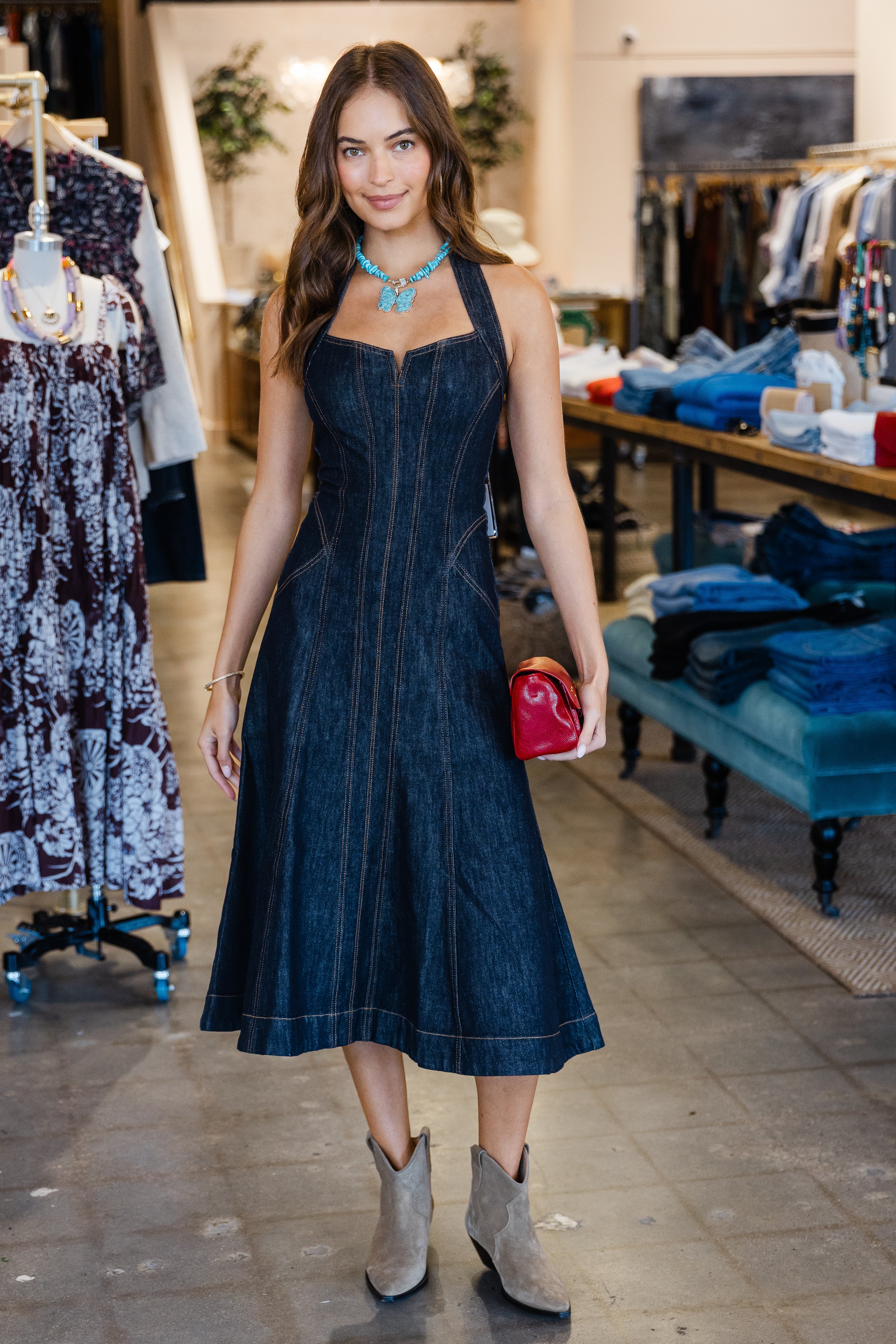 Indigo Denim Halterneck Midi Dress - Blue Indigo
