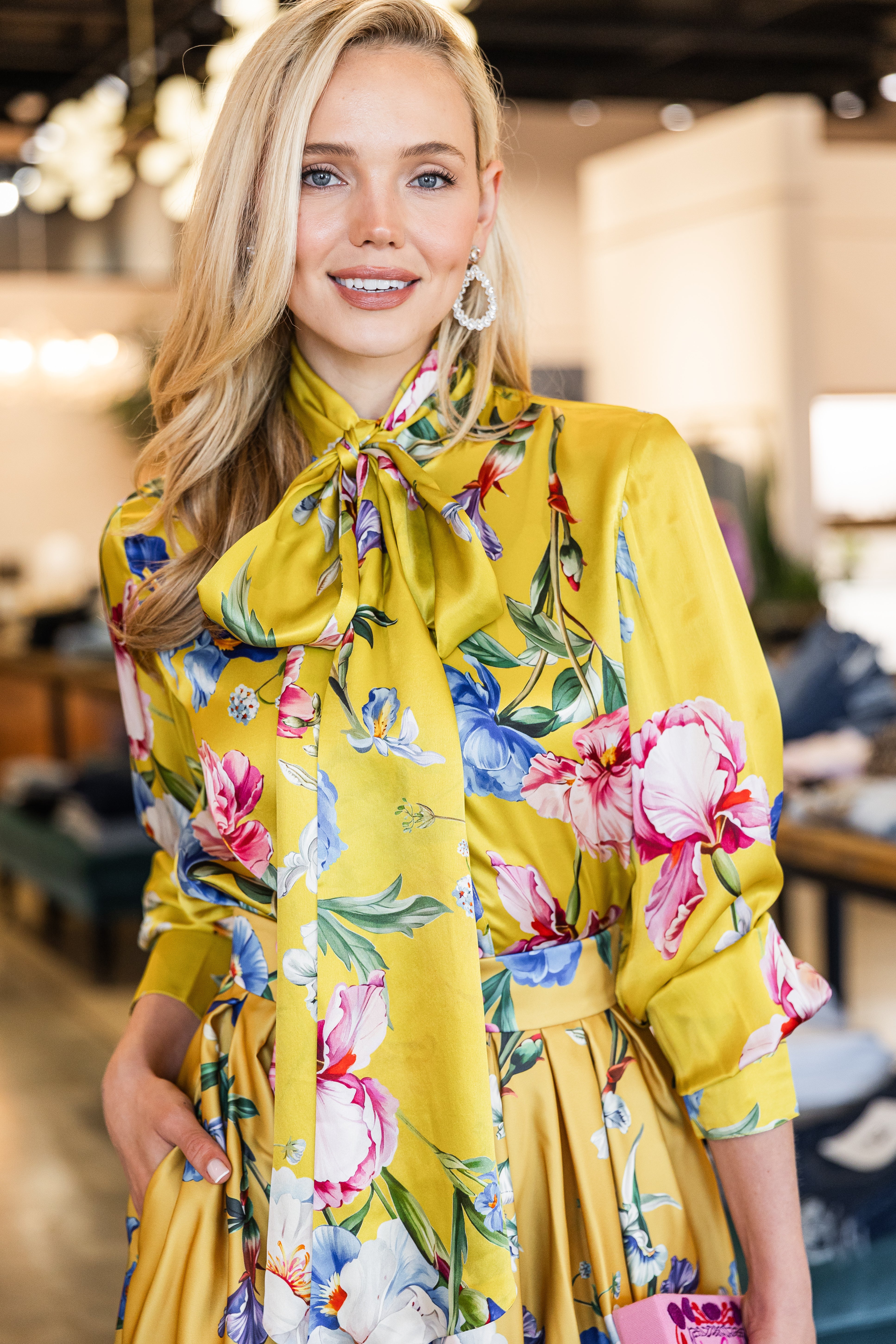 Freya Tie Neck Silk Blouse - Garden Print in Mustard