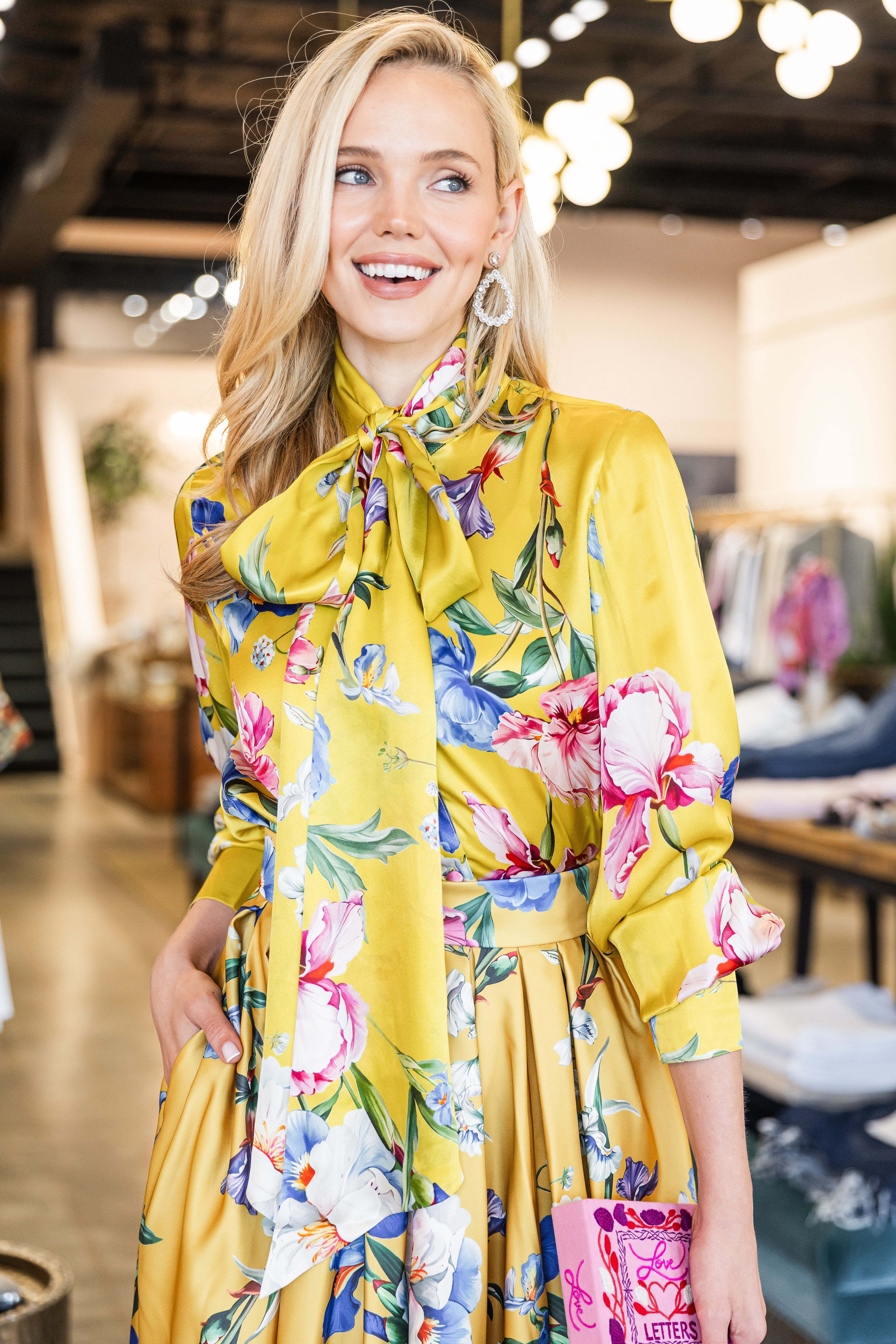 Freya Tie Neck Silk Blouse - Garden Print in Mustard
