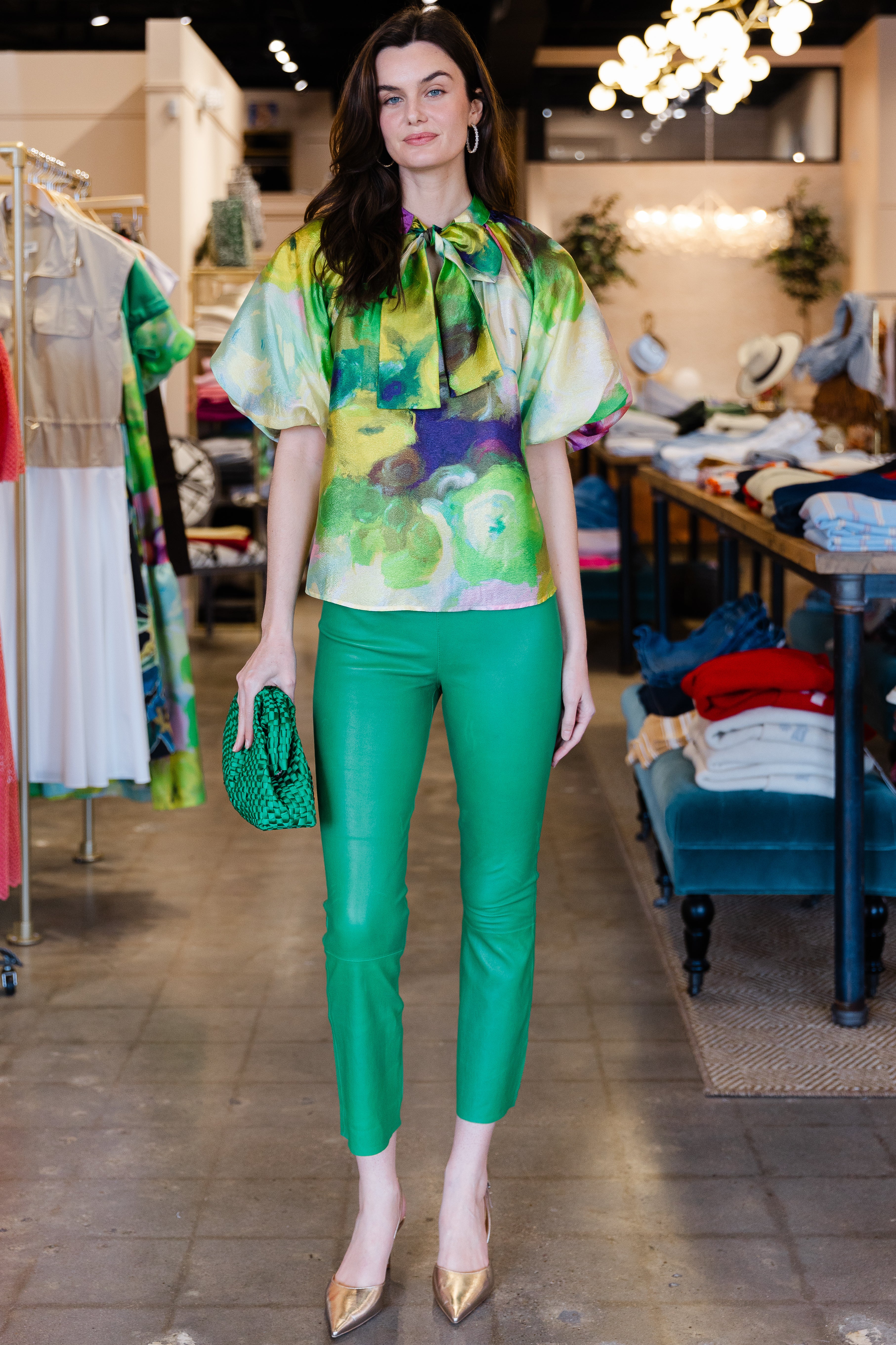 Watercolor Print Puff Sleeve Top - Green