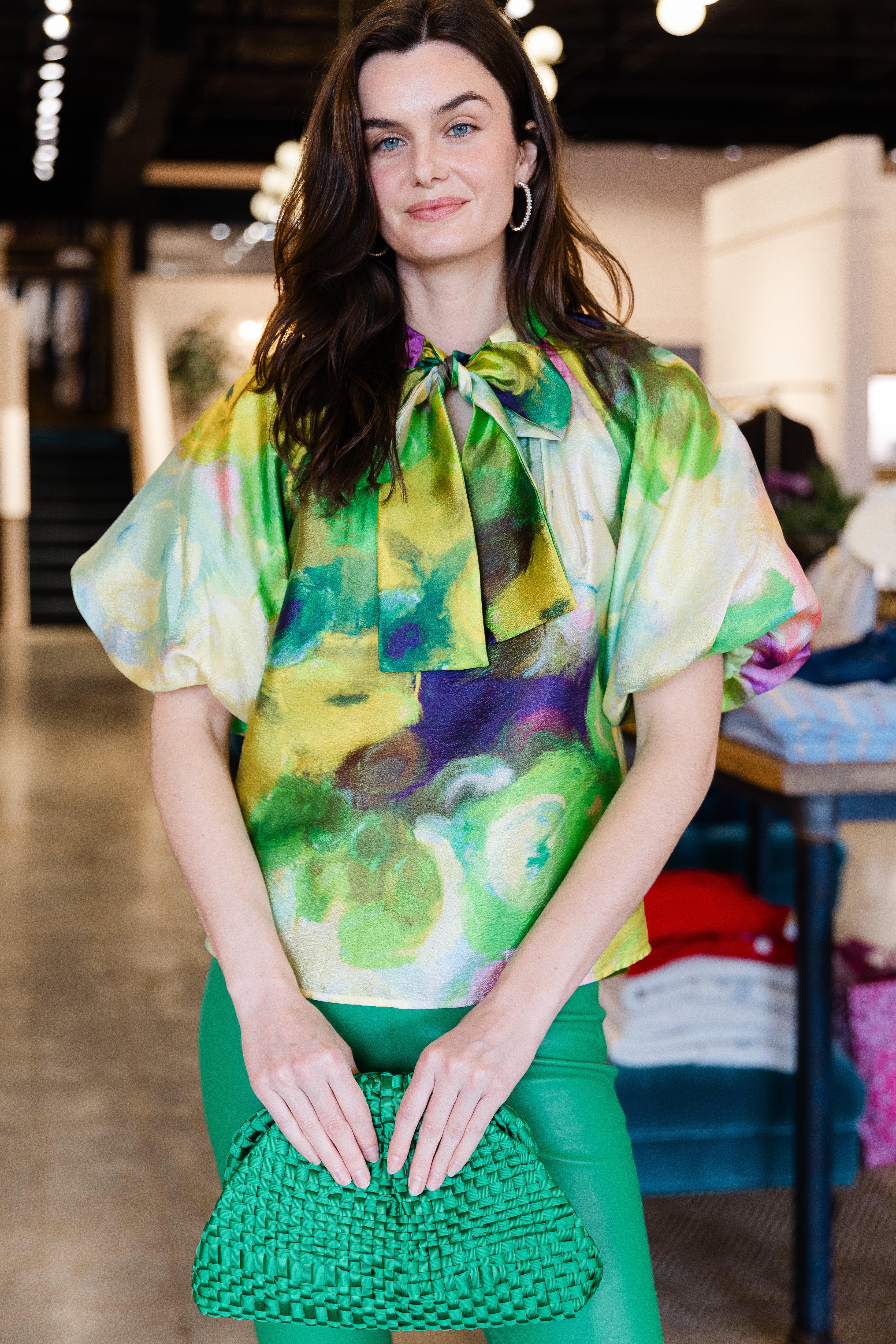 Watercolor Print Puff Sleeve Top - Green