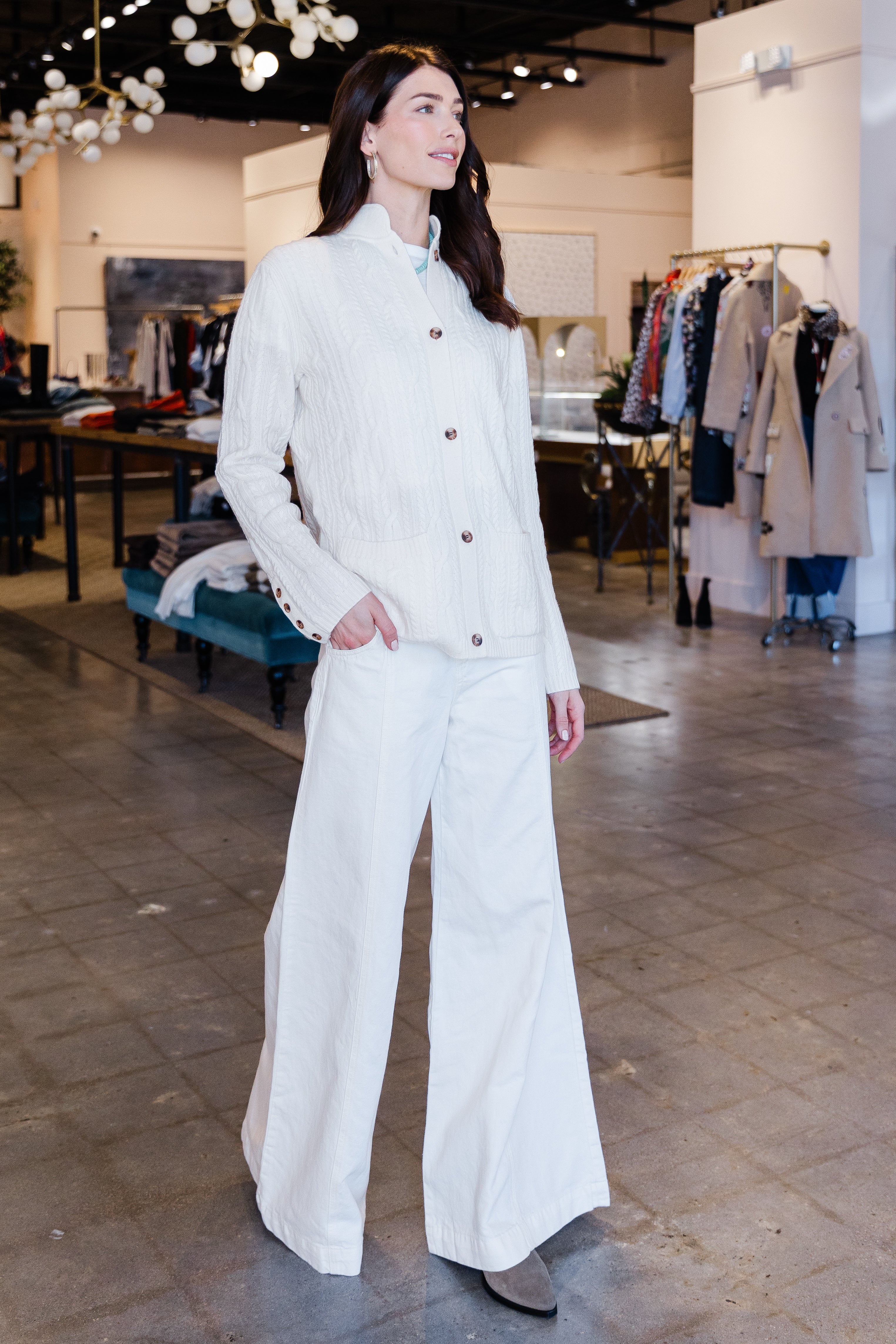 Premium Cashmino Cable Sweater Jacket - White