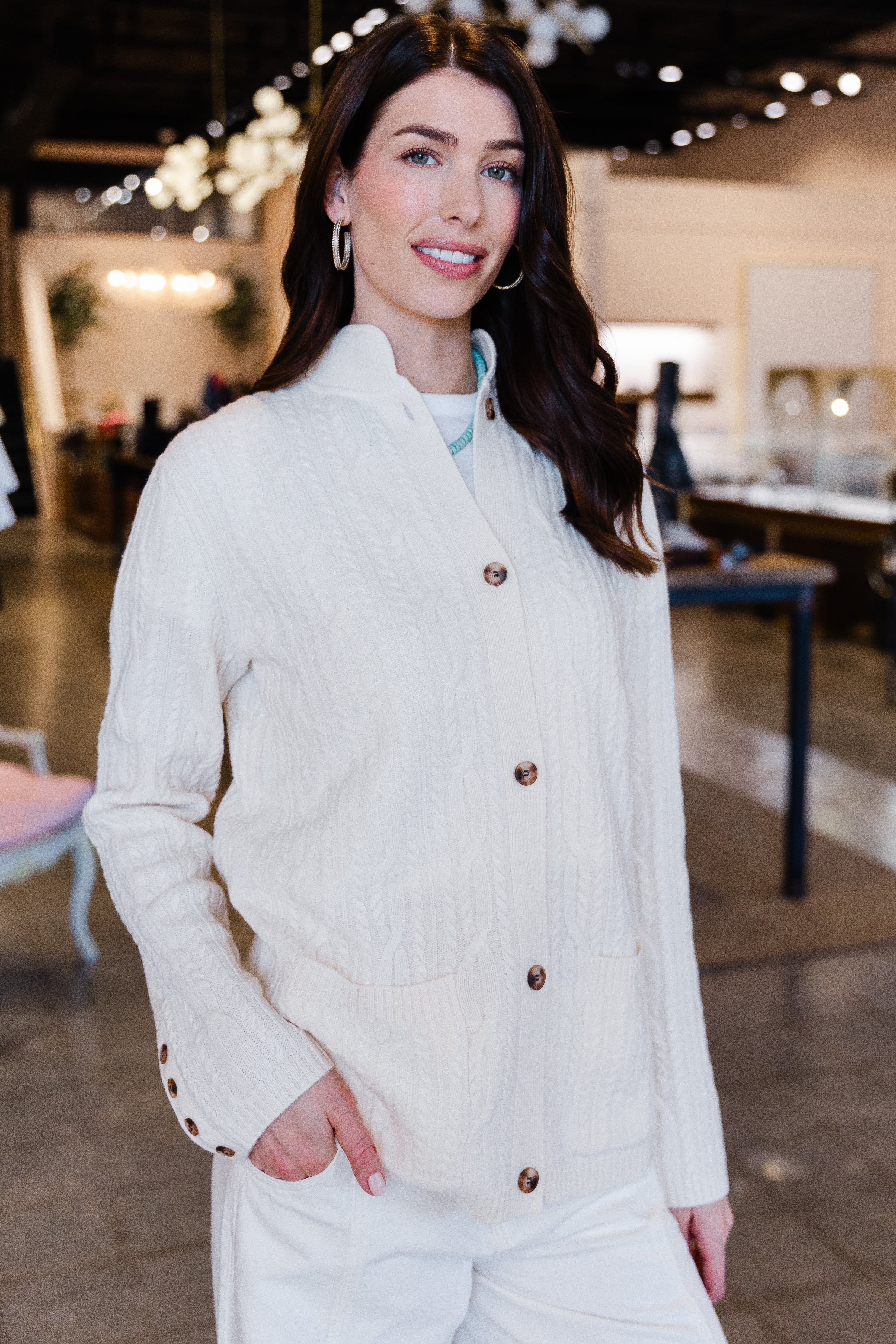 Premium Cashmino Cable Sweater Jacket - White