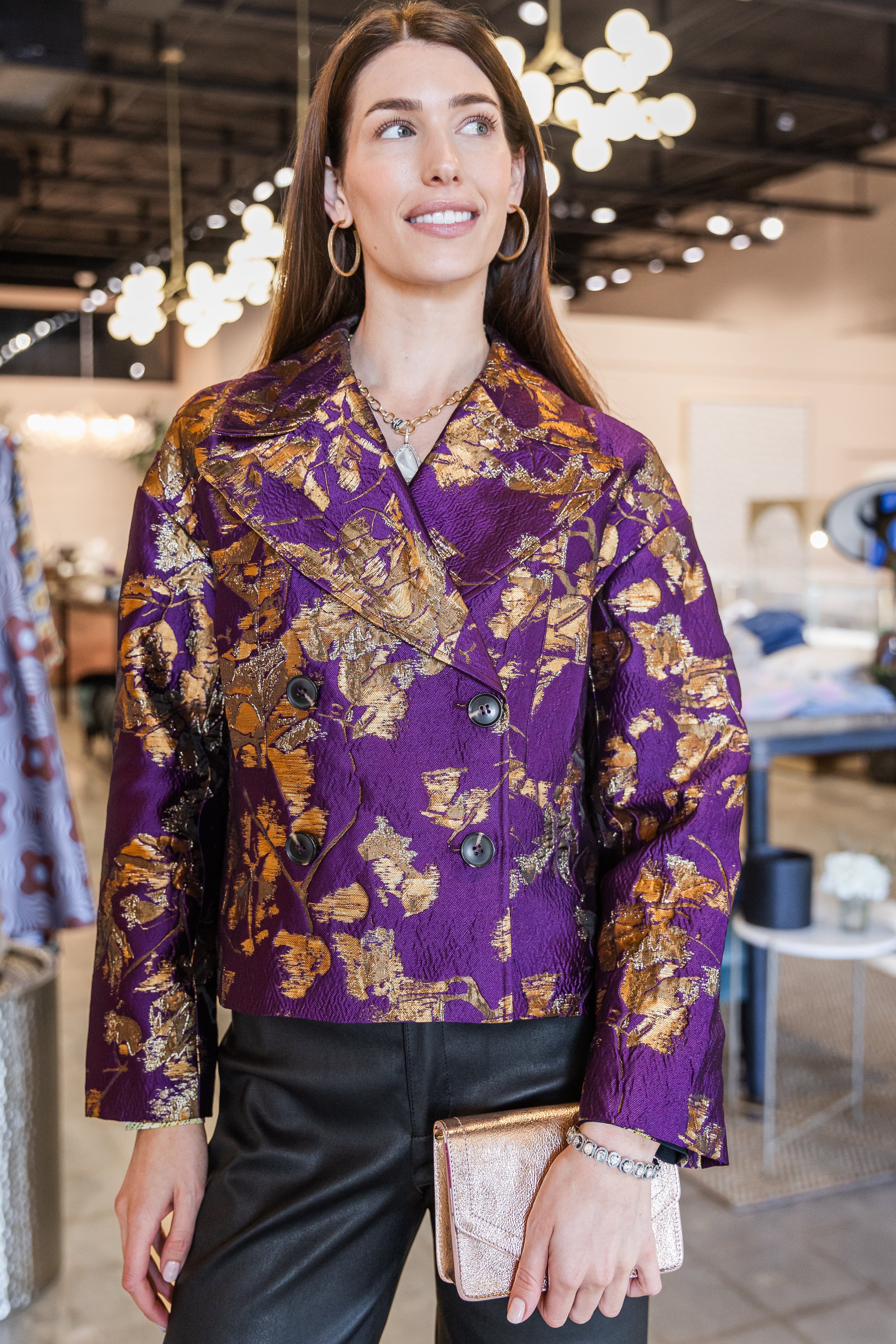 Printed Double Breasted Jacket - Berry