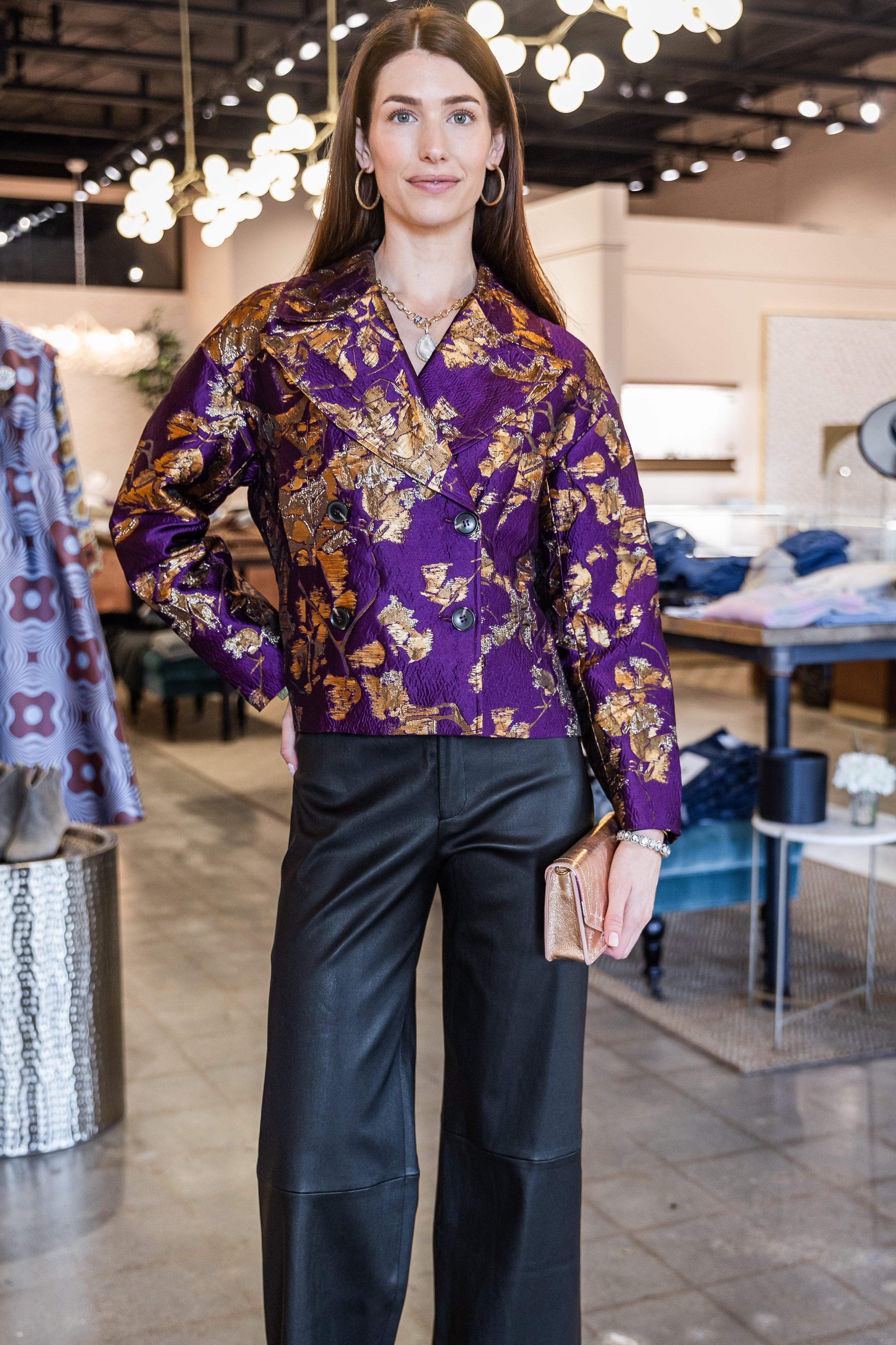 Printed Double Breasted Jacket - Berry