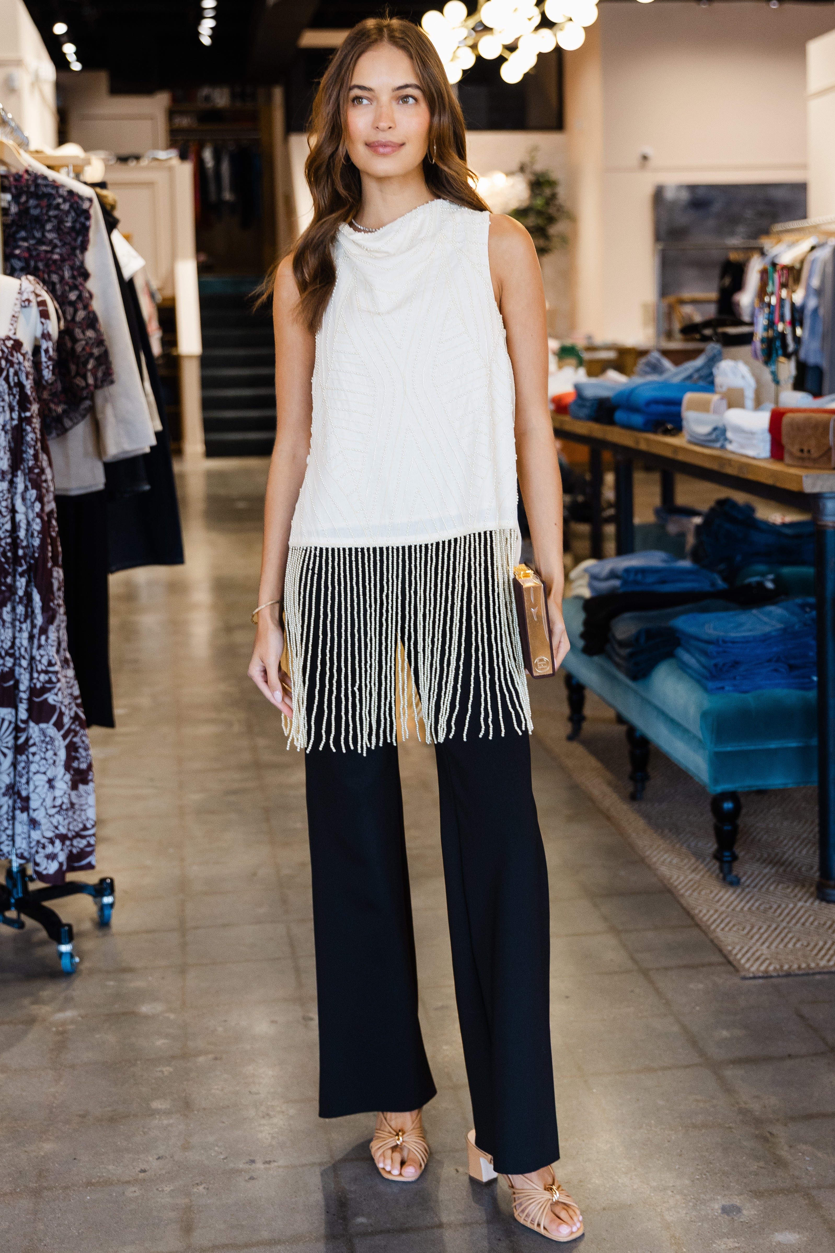 Carlotta Emb Slvless Fringe Top - Cream