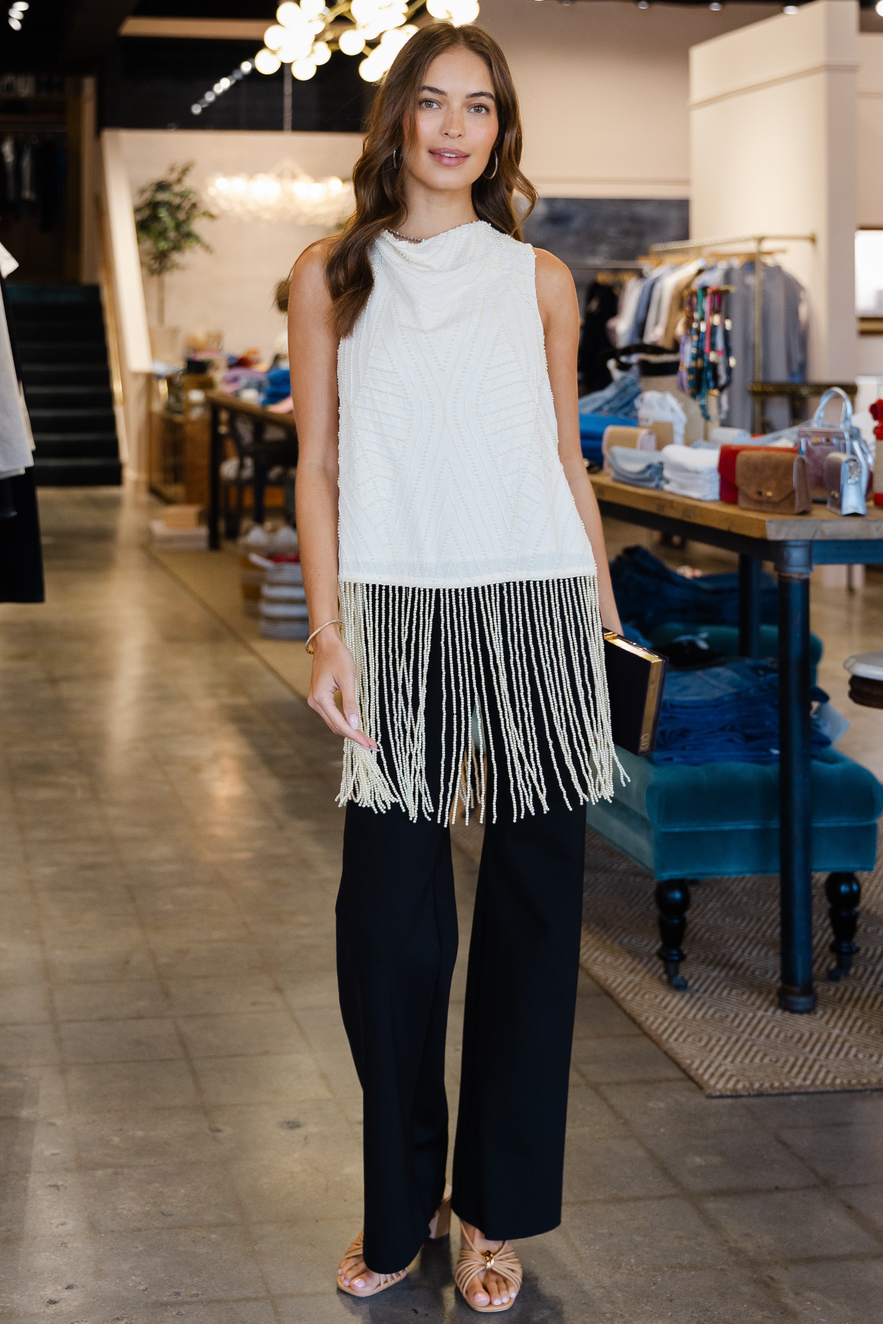 Carlotta Emb Slvless Fringe Top - Cream