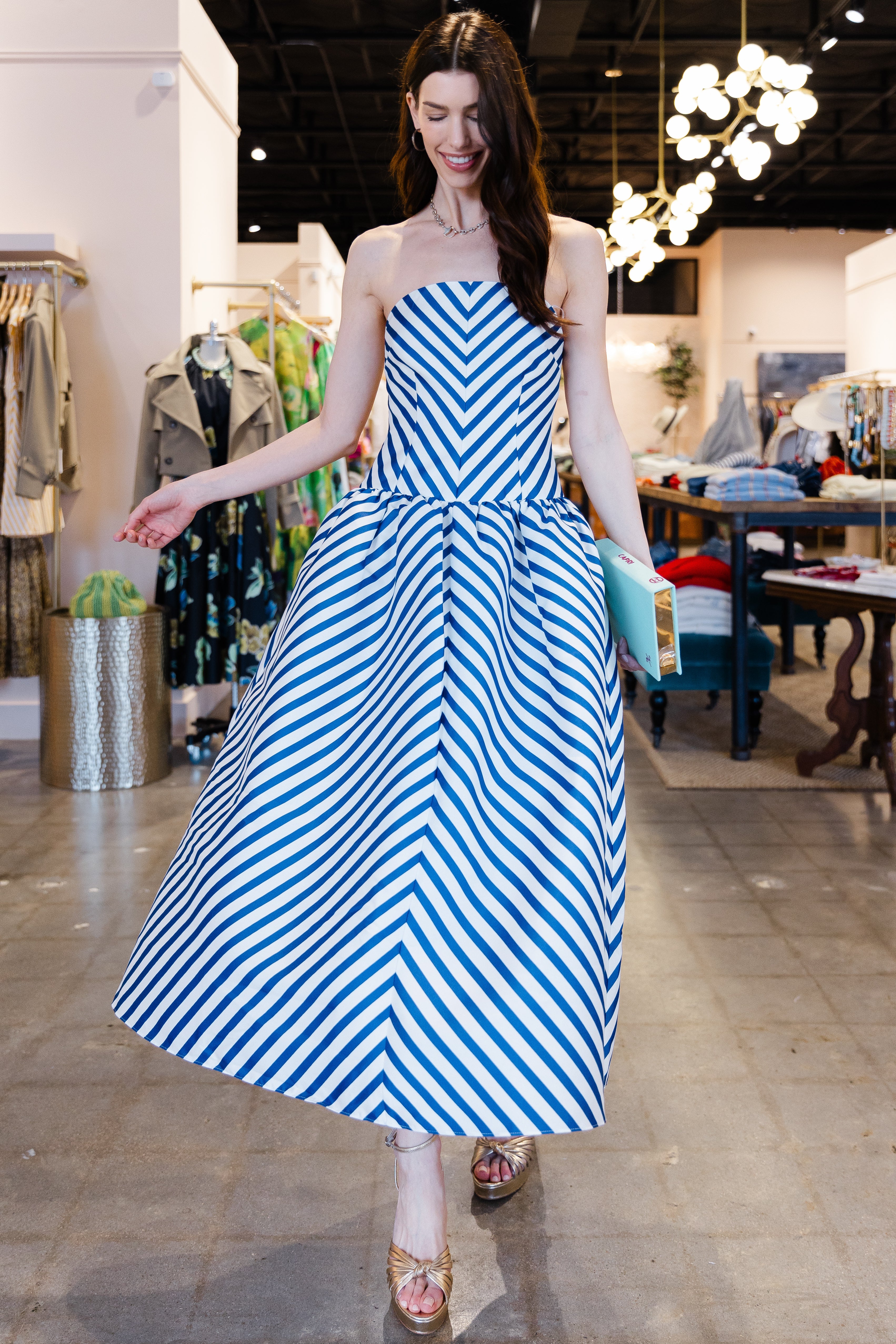Navy Stripe Taffeta Midi Dress - Navy