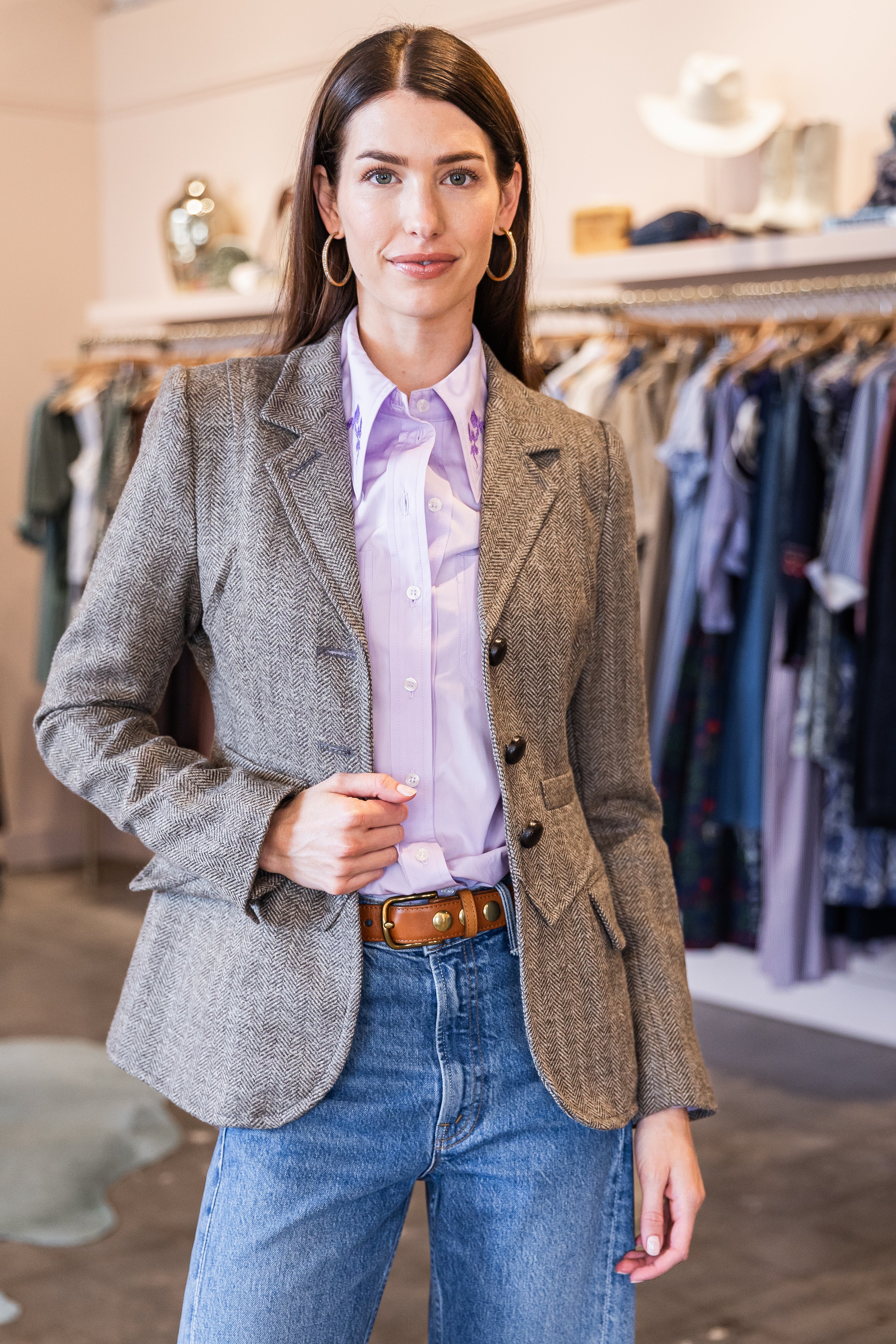 Three Button Blazer - Mushroom Herringbone