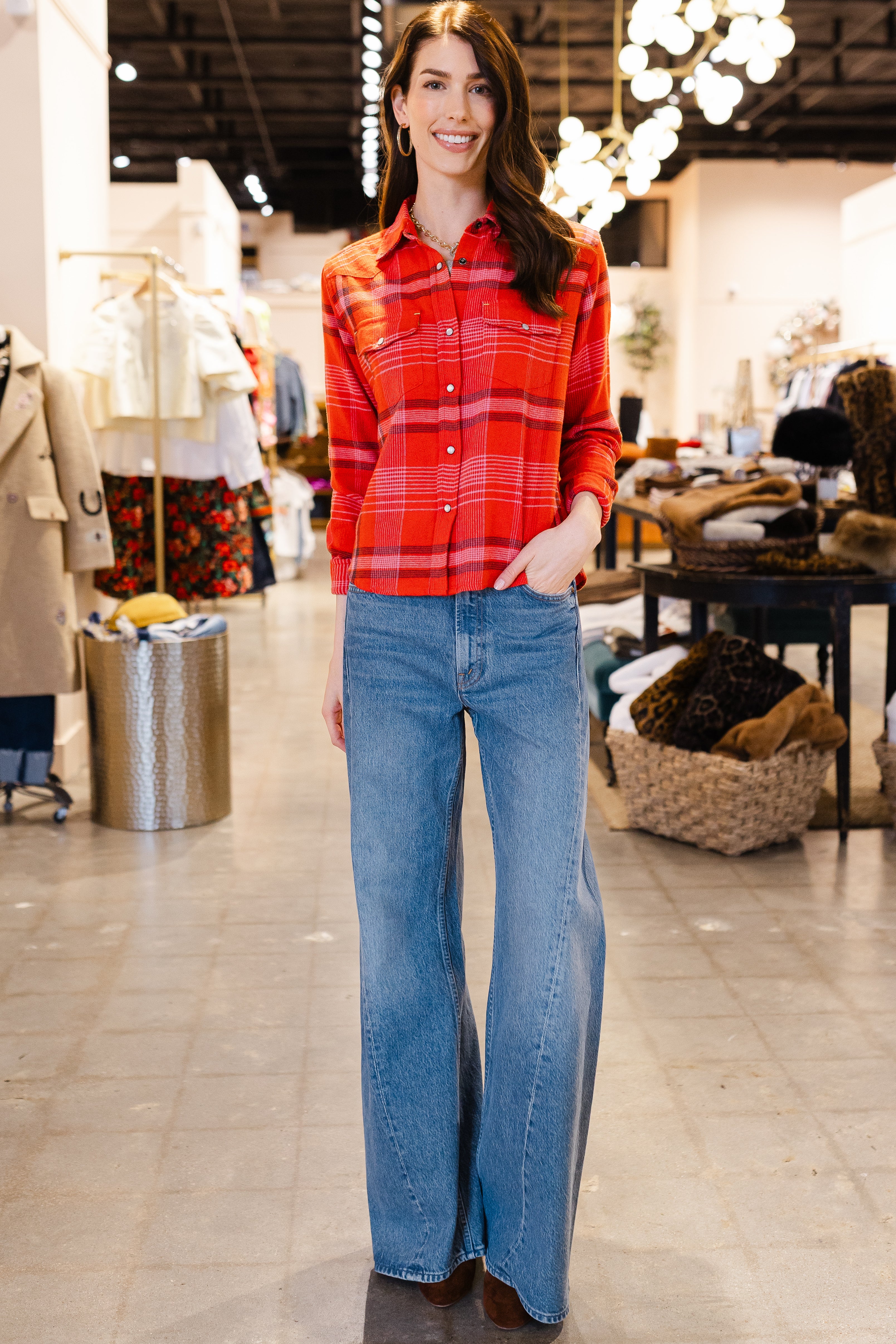 Pia Western Flannel Plaid Shirt - Red
