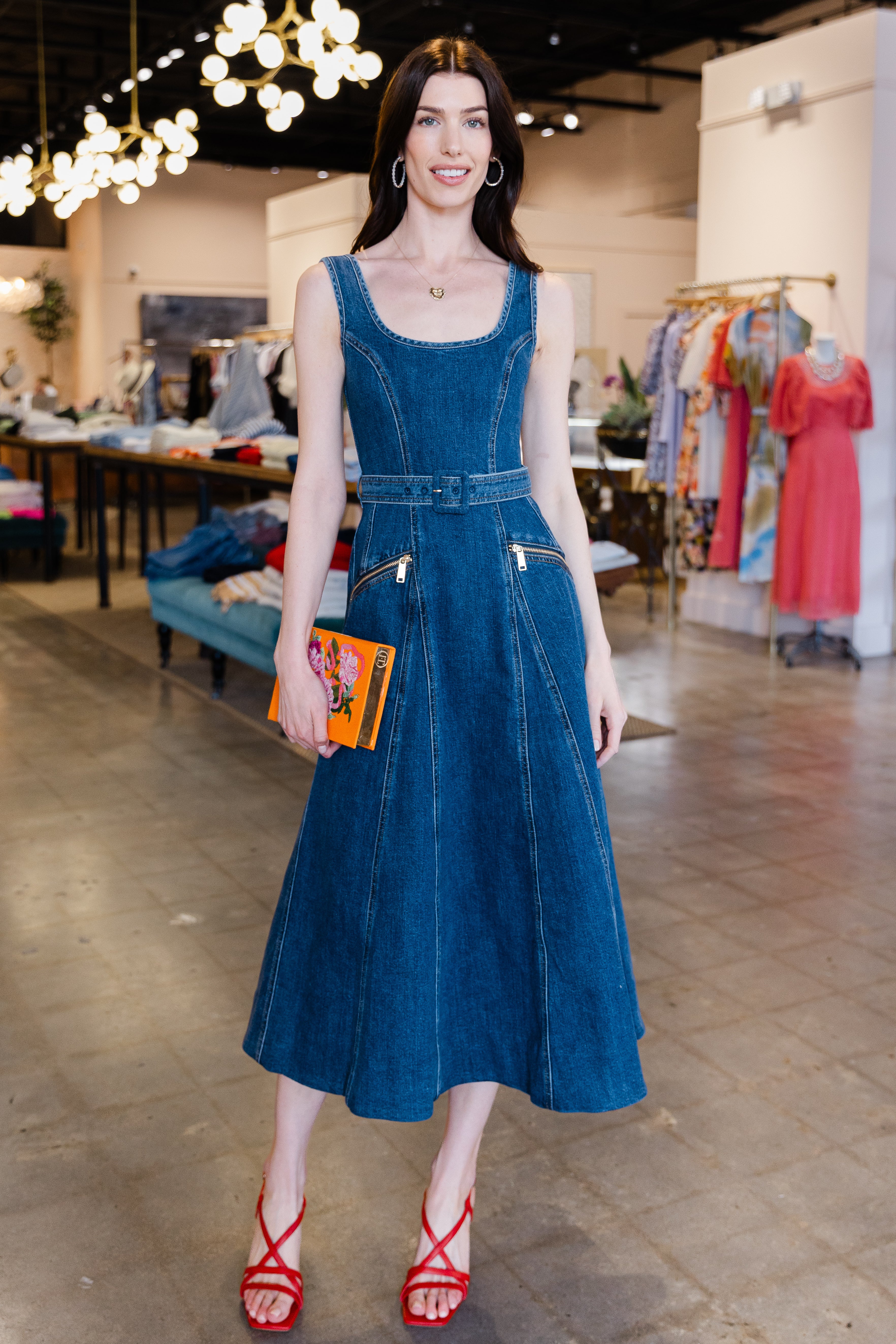 Denim Flared Belted Midi Dress - Blue
