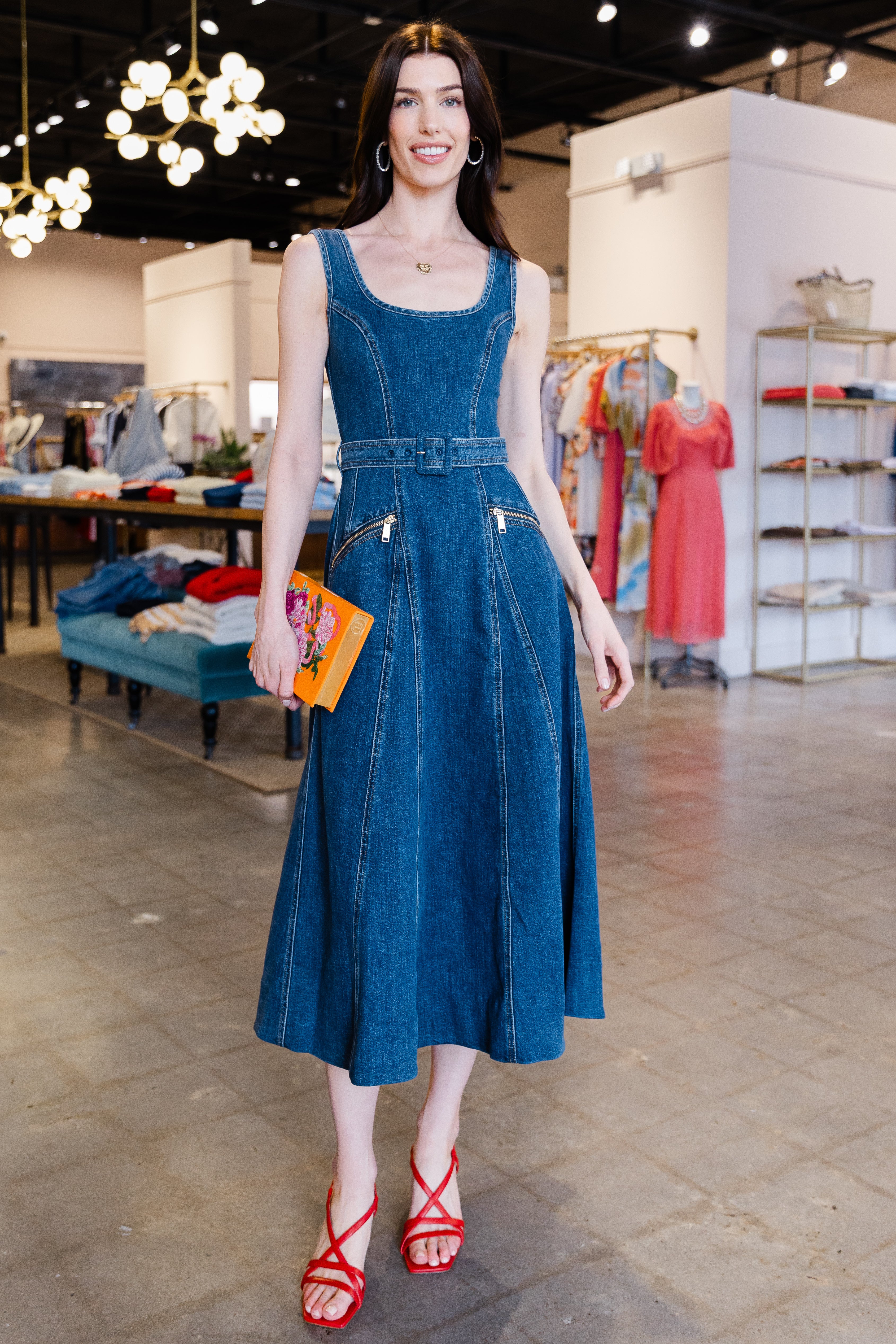 Denim Flared Belted Midi Dress - Blue