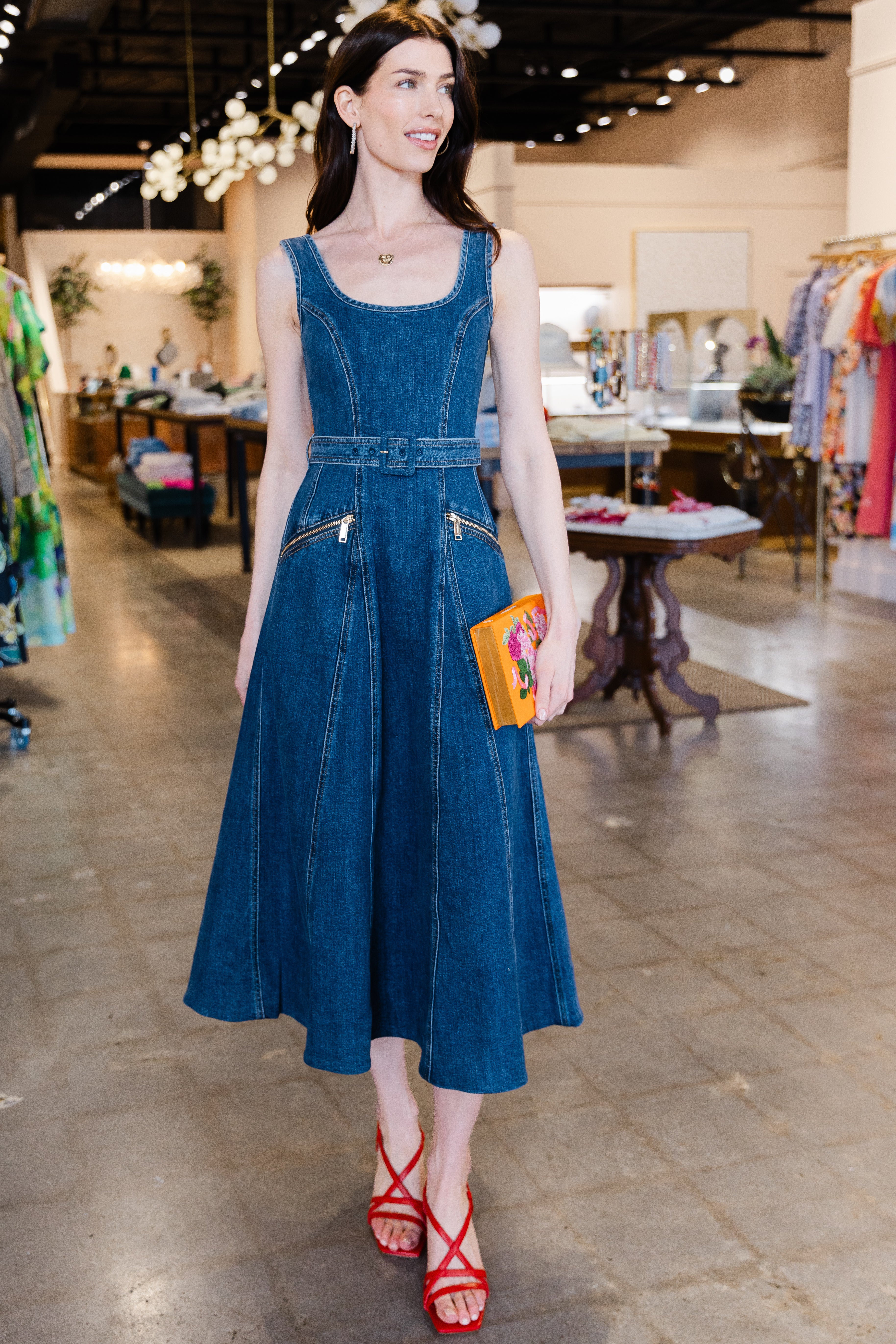 Denim Flared Belted Midi Dress - Blue