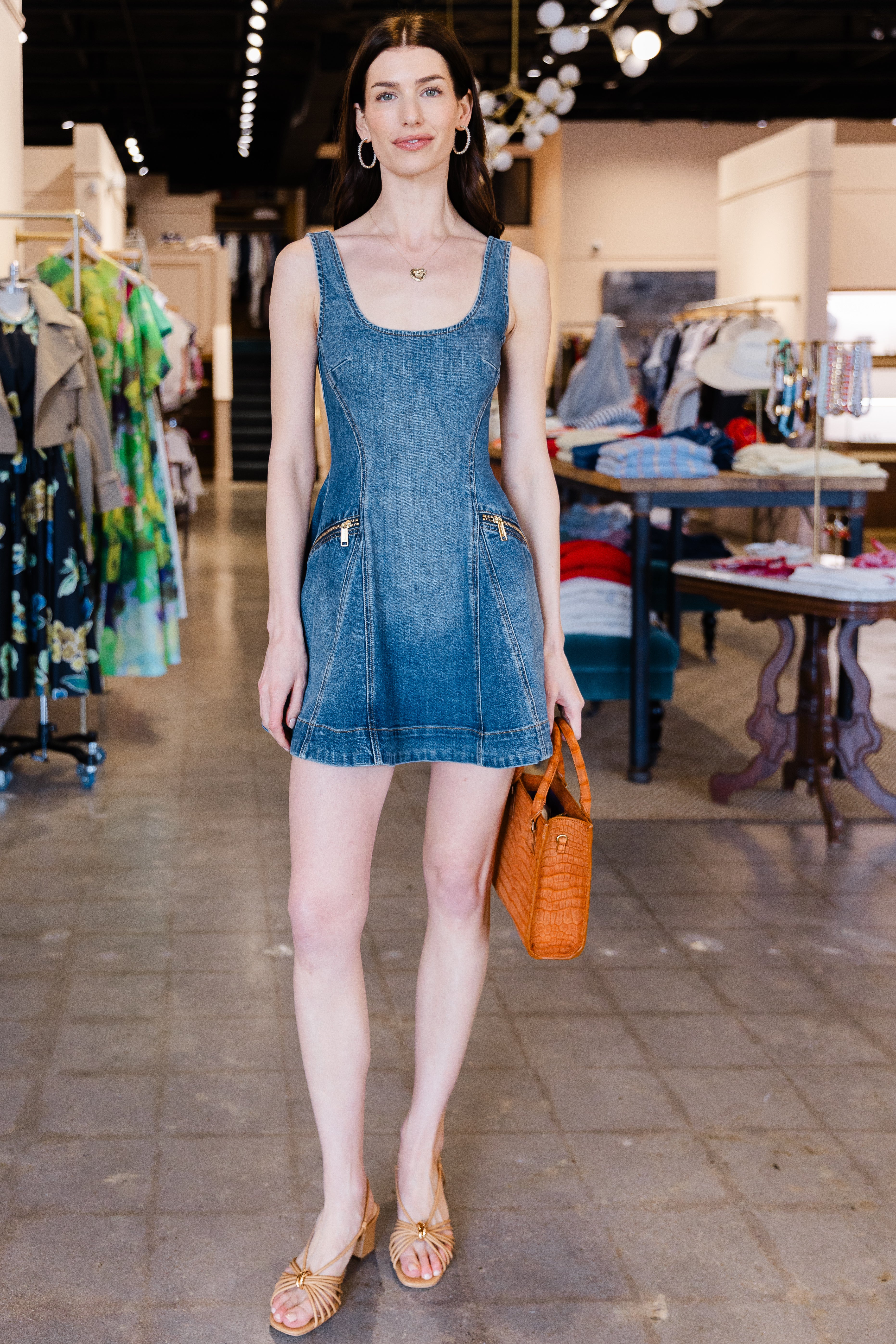 Denim Flared Mini Dress - Blue