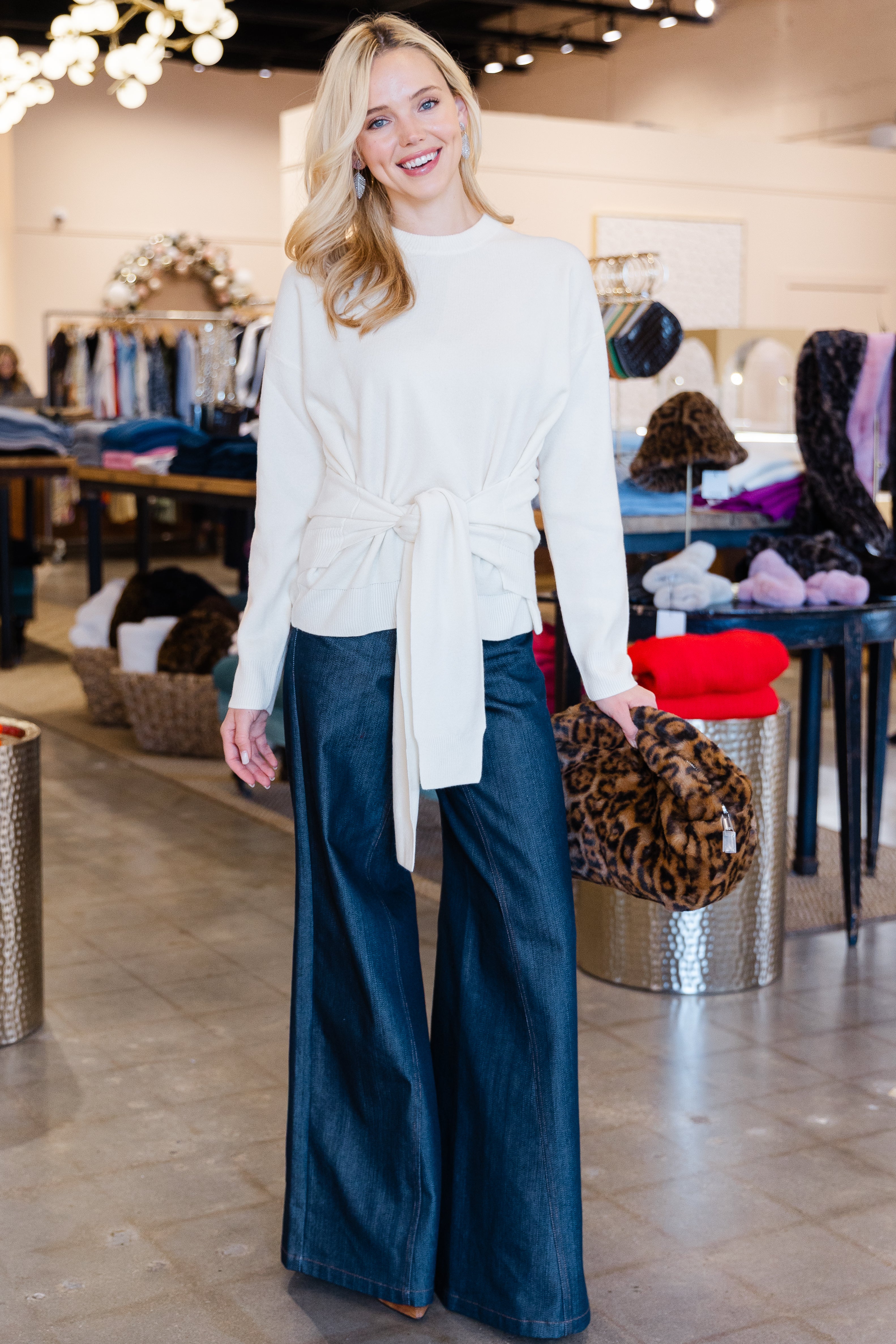 Premium Cashmino Tie Waist Crewneck - White