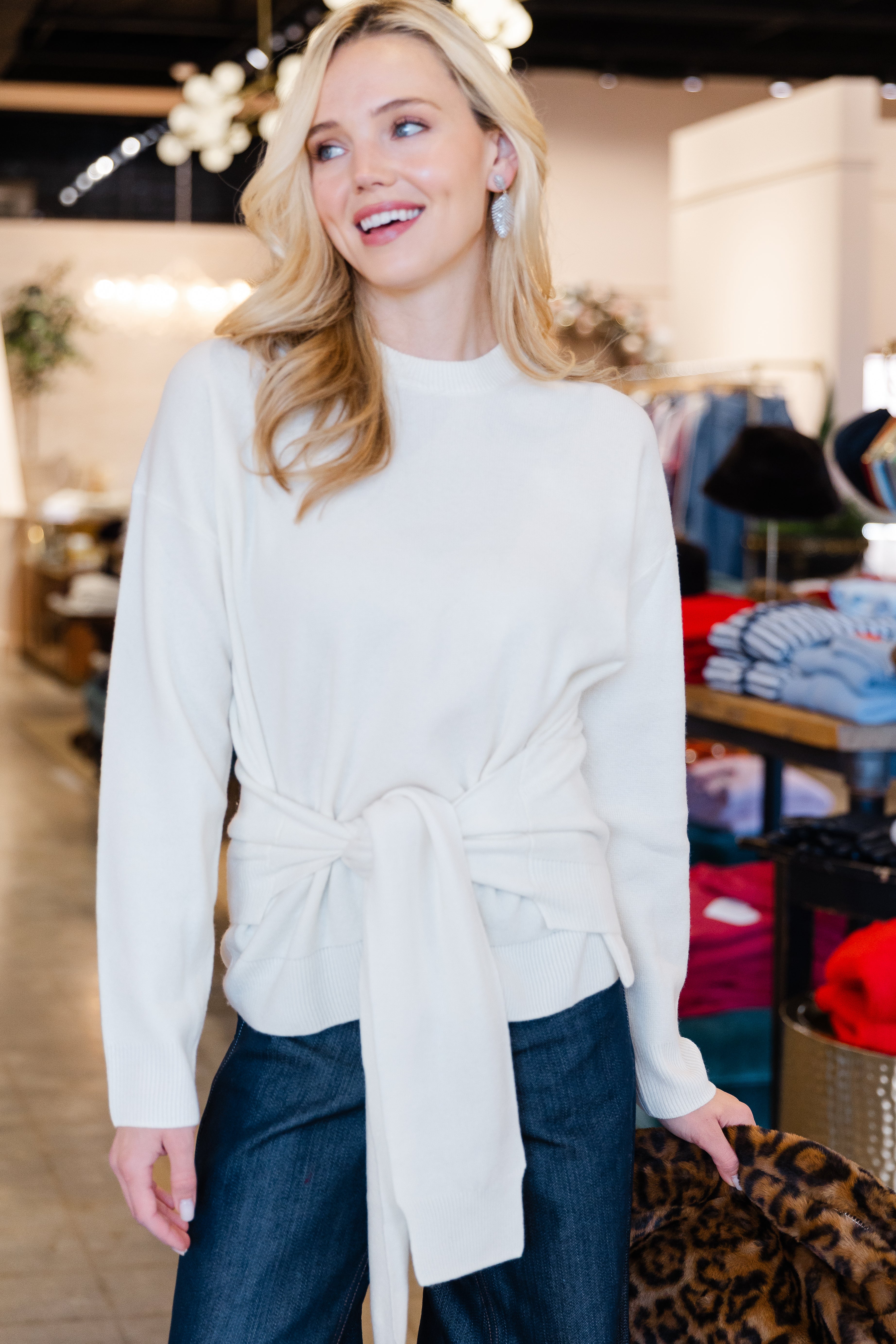 Premium Cashmino Tie Waist Crewneck - White