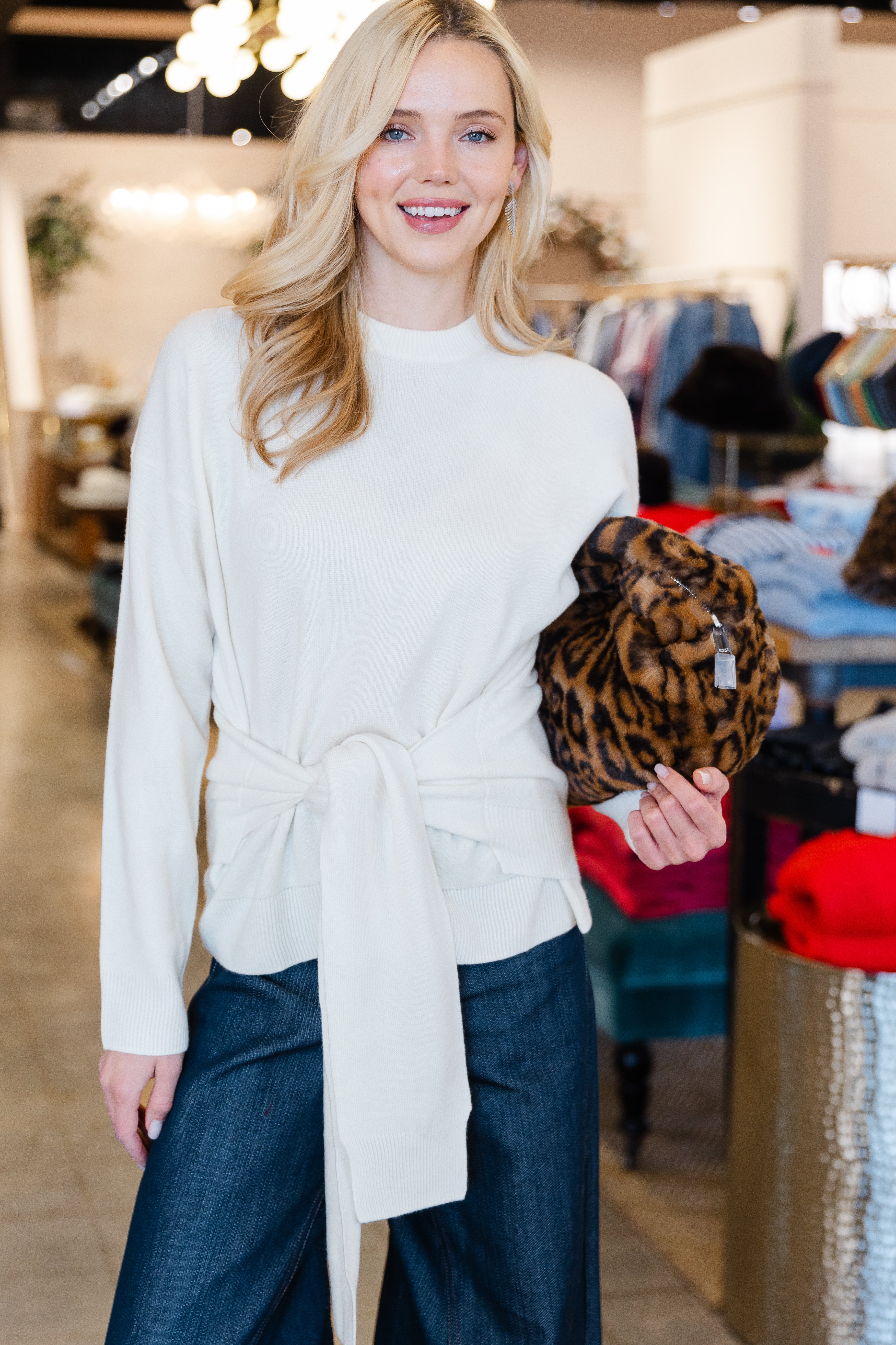 Premium Cashmino Tie Waist Crewneck - White