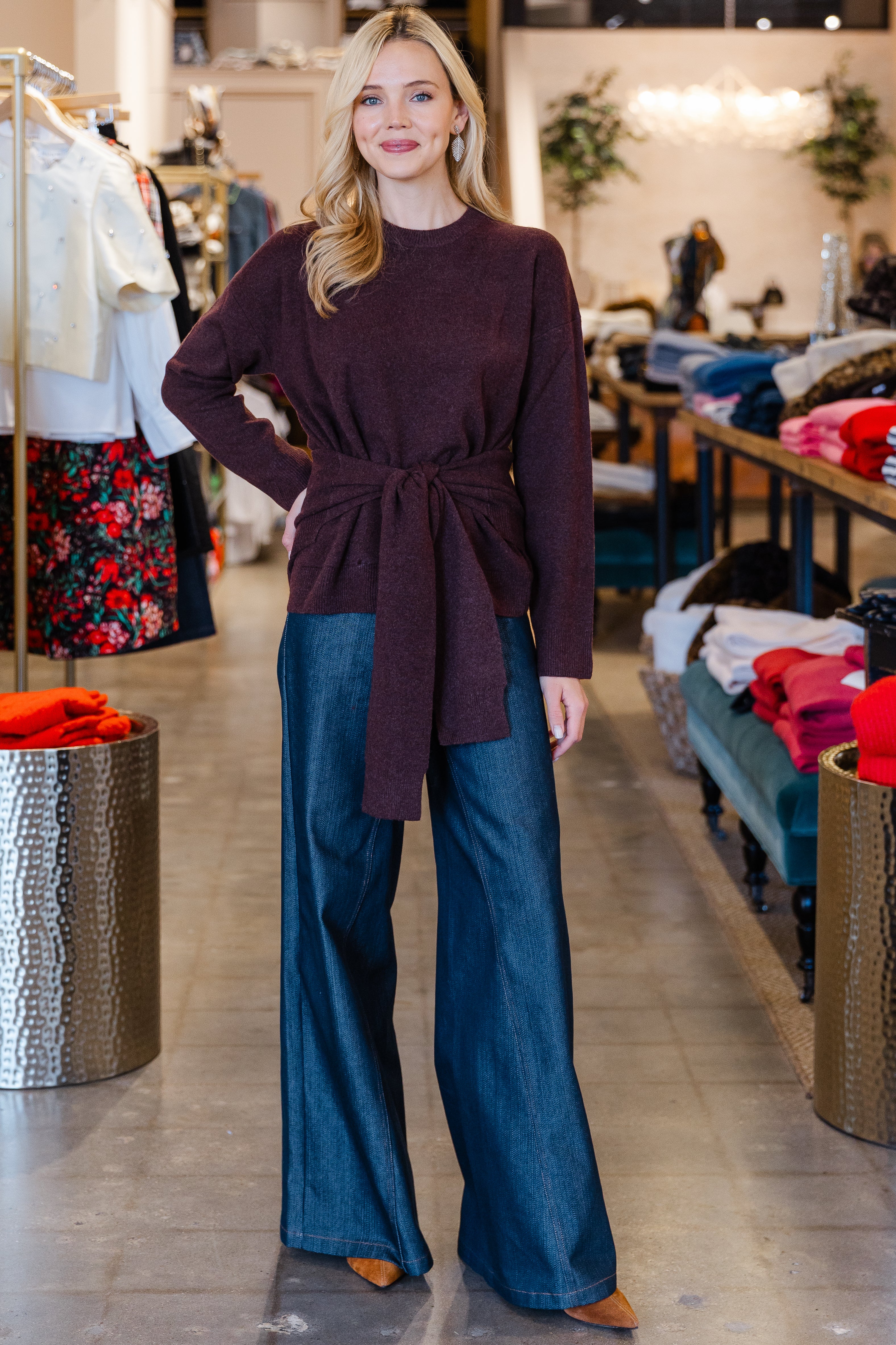 Premium Cashmino Tie Waist Crewneck - Heathered Cocoa