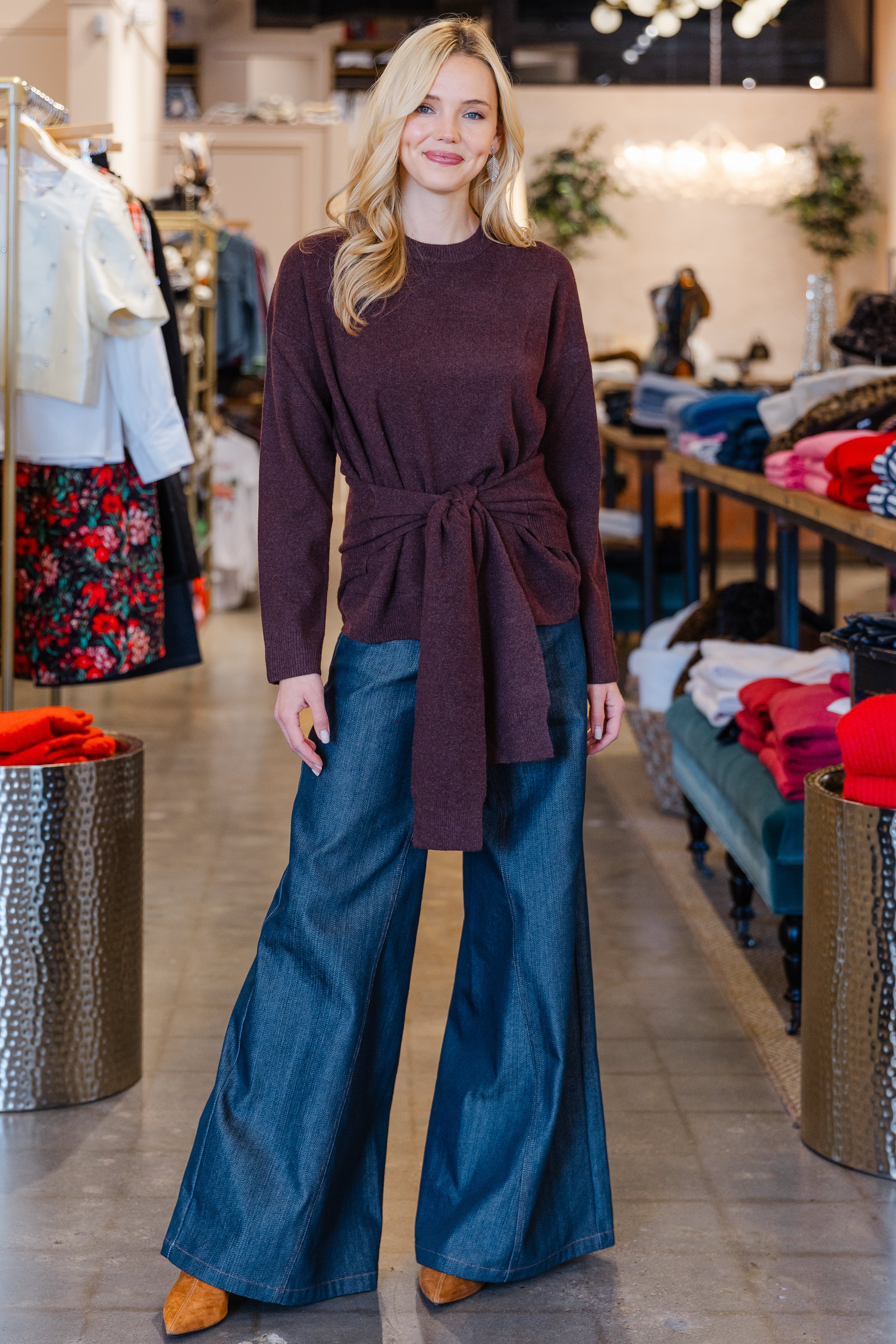 Premium Cashmino Tie Waist Crewneck - Heathered Cocoa