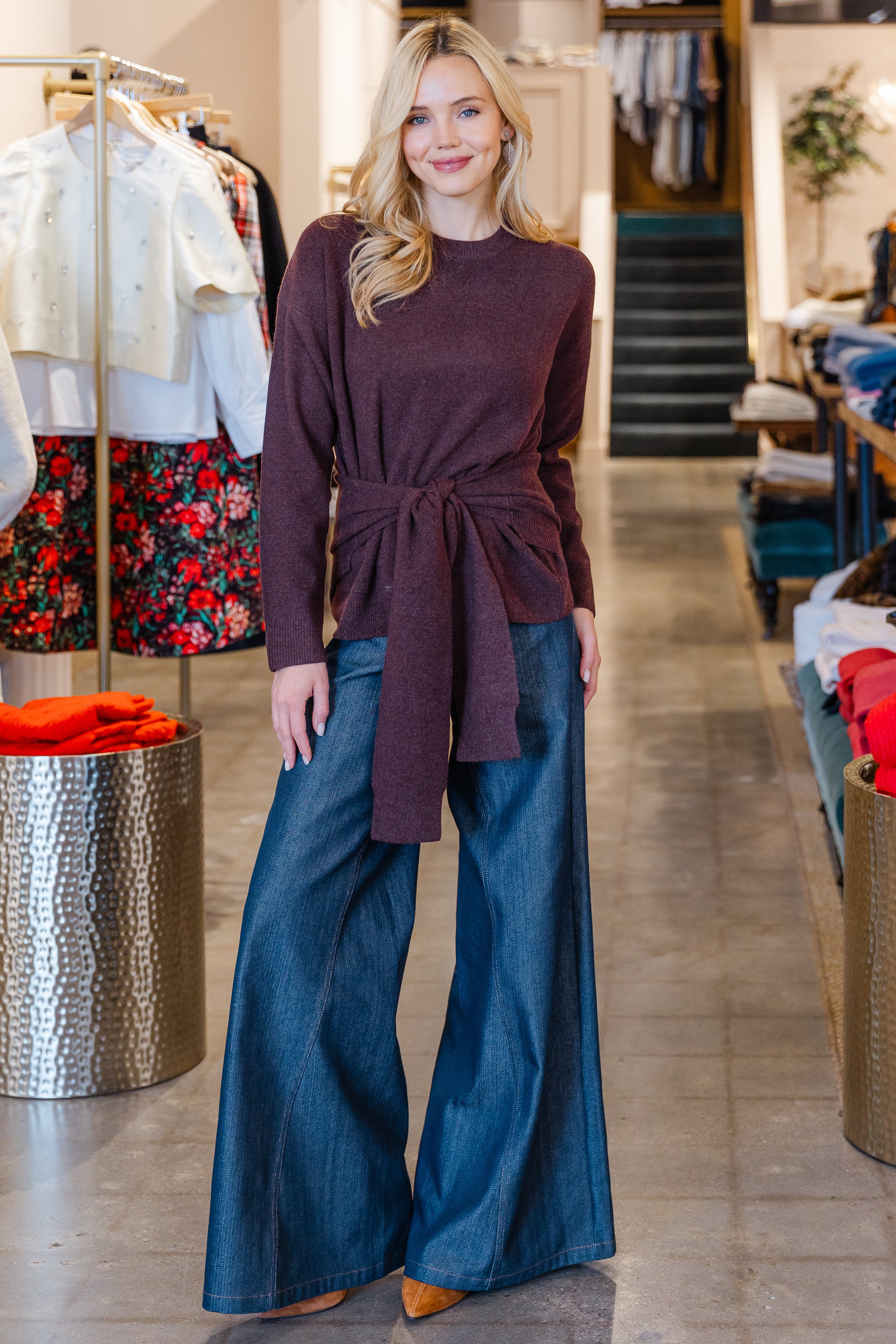 Premium Cashmino Tie Waist Crewneck - Heathered Cocoa