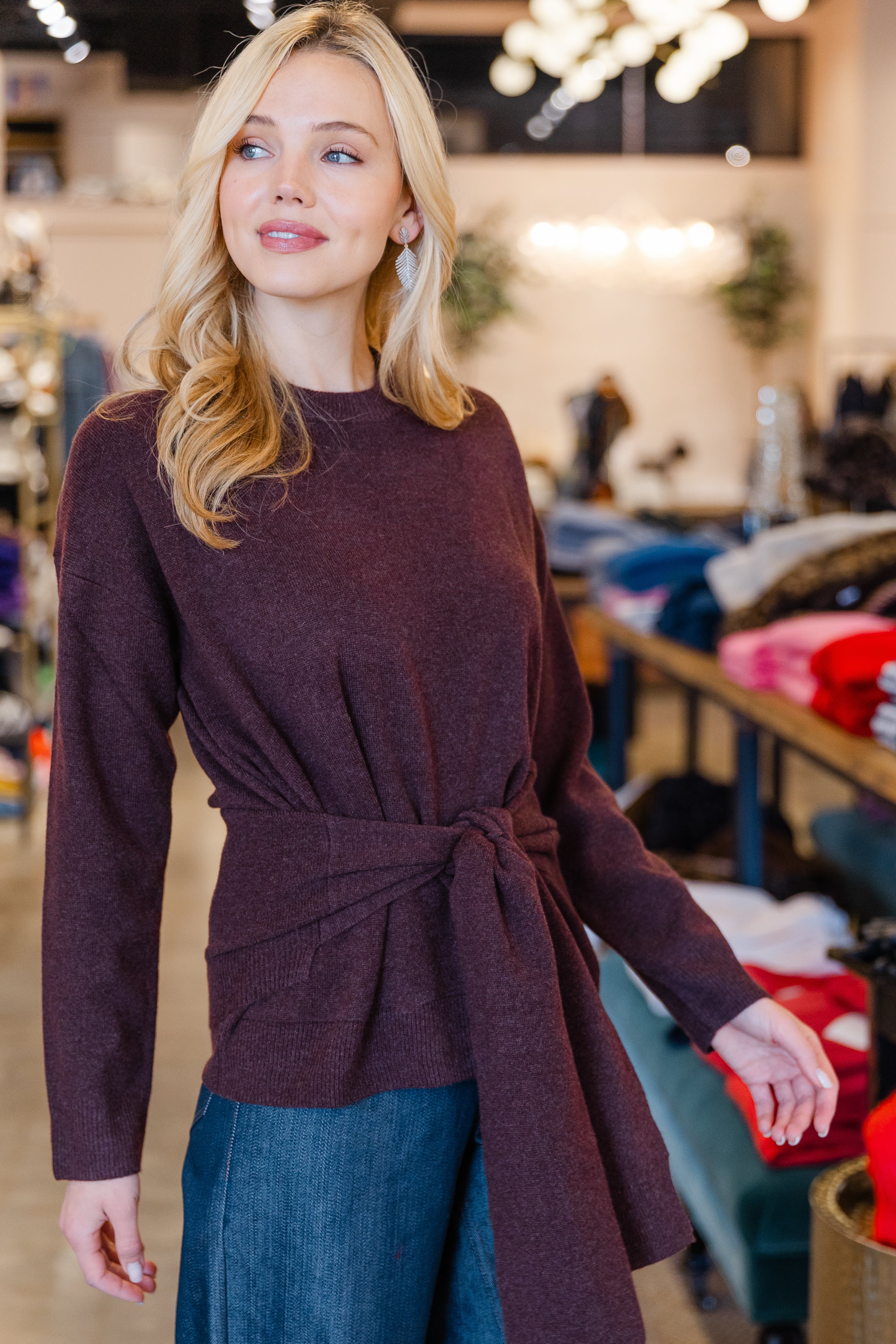 Premium Cashmino Tie Waist Crewneck - Heathered Cocoa